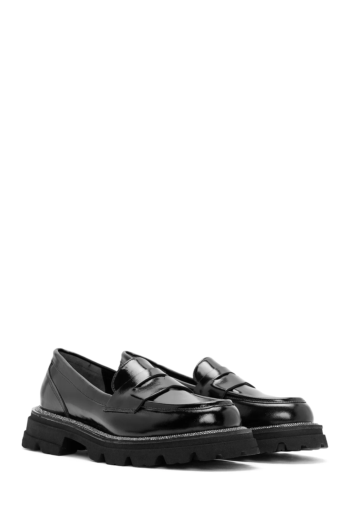 Kadın Siyah Rugan Deri Maskülen Loafer - Image 3