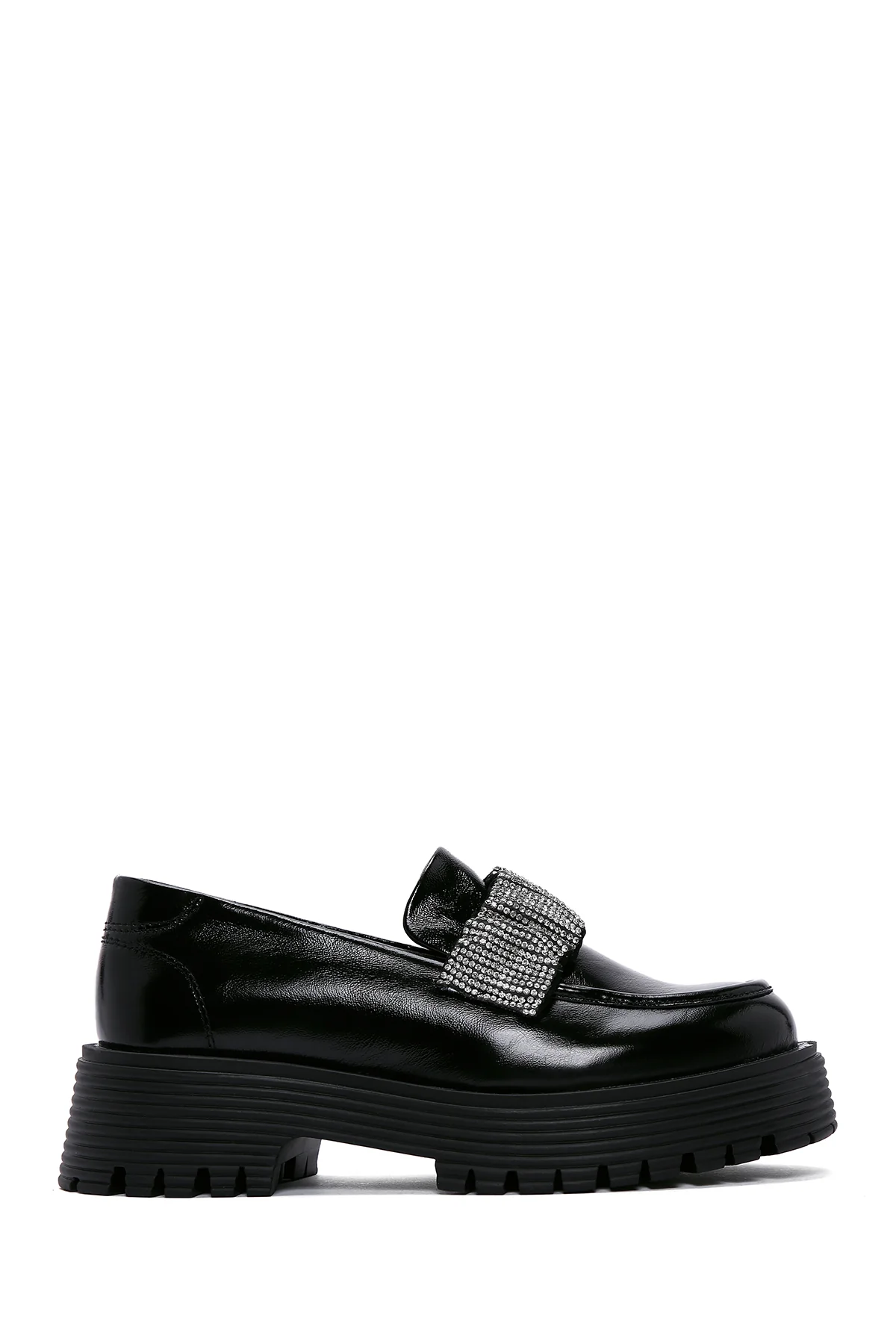 Kadın Siyah Rugan Deri Taşlı Maskülen Loafer - Image 2