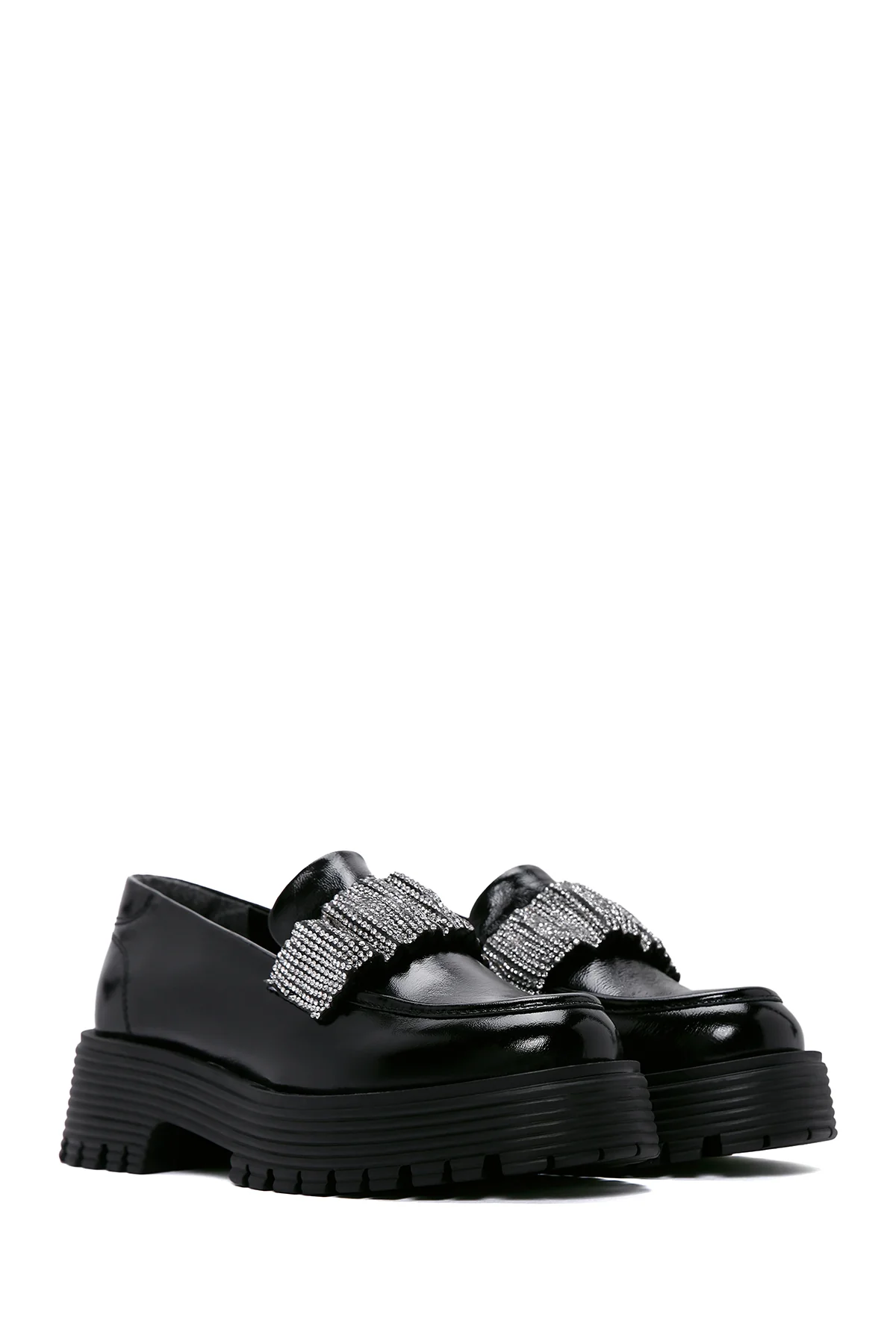 Kadın Siyah Rugan Deri Taşlı Maskülen Loafer - Image 4