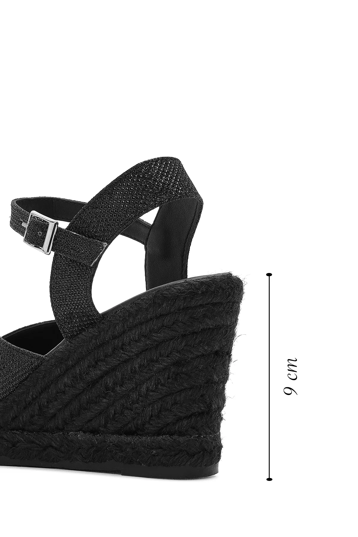 Kadın Siyah Simli Bilekten Tokalı Dolgu Topuklu Espadril Sandalet - Image 2