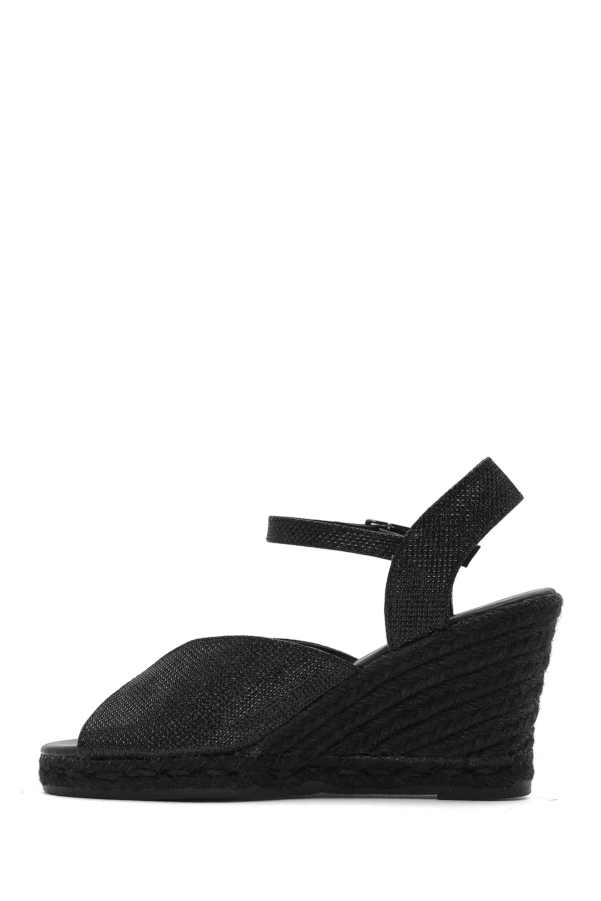 Kadın Siyah Simli Bilekten Tokalı Dolgu Topuklu Espadril Sandalet - Image 4