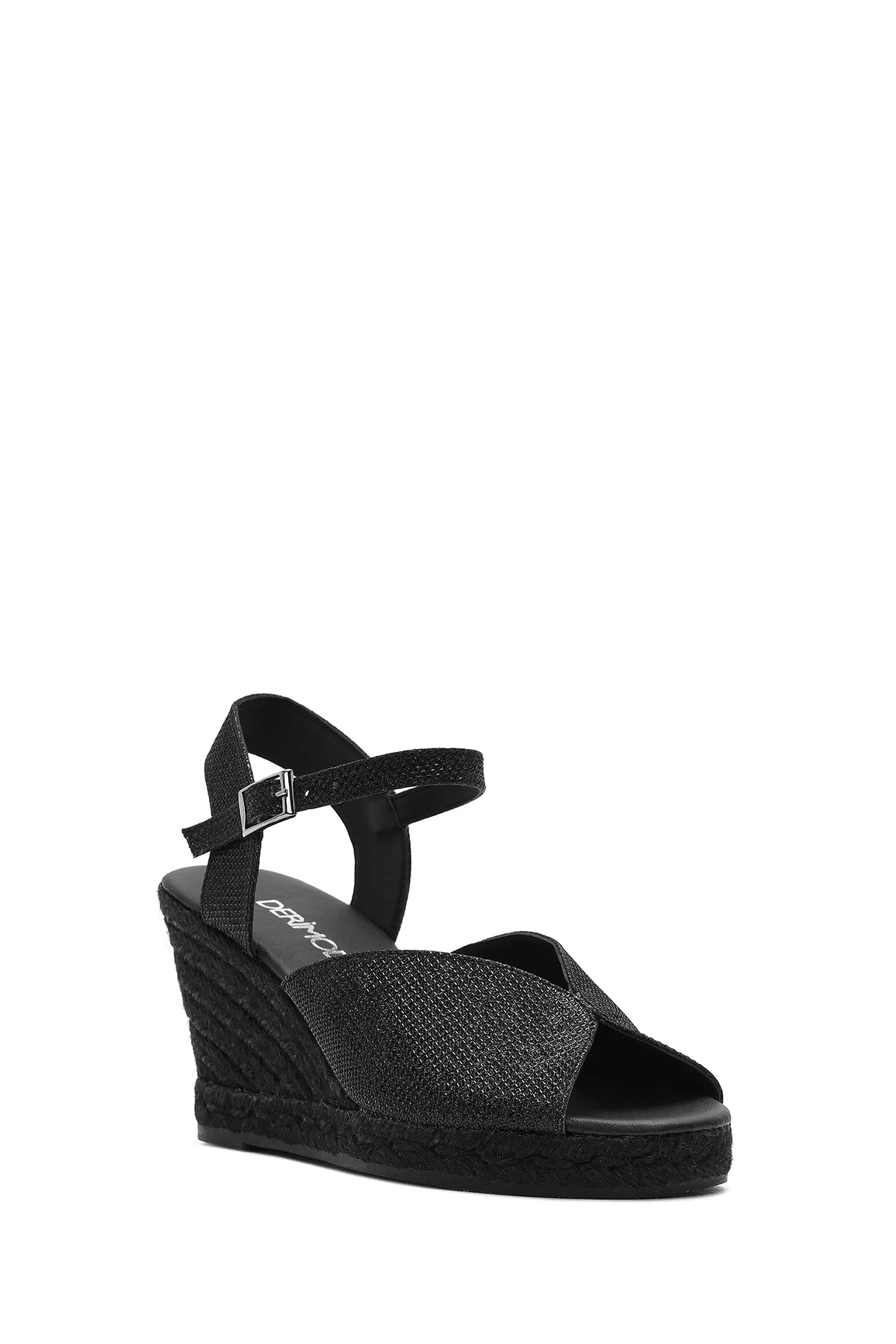 Kadın Siyah Simli Bilekten Tokalı Dolgu Topuklu Espadril Sandalet - Image 7