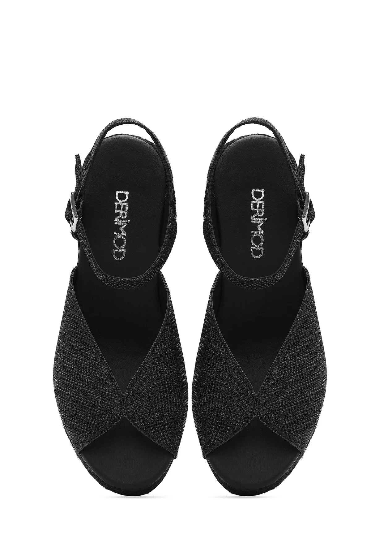Kadın Siyah Simli Bilekten Tokalı Dolgu Topuklu Espadril Sandalet - Image 8