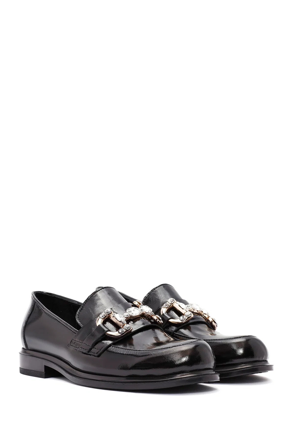 Kadın Siyah Taş Detaylı Deri Maskülen Loafer - Image 3