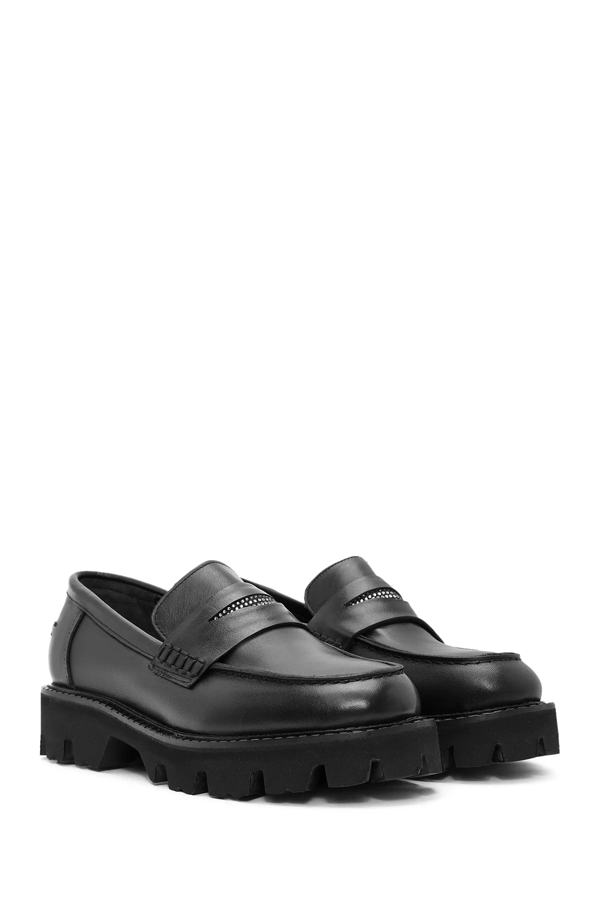 Kadın Siyah Taş Detaylı Deri Maskülen Loafer - Image 3