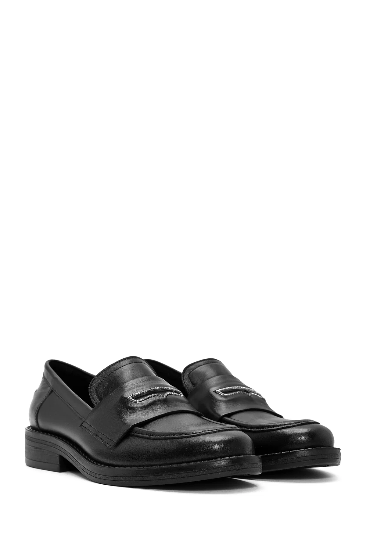 Kadın Siyah Taş Detaylı Deri Maskülen Loafer - Image 3