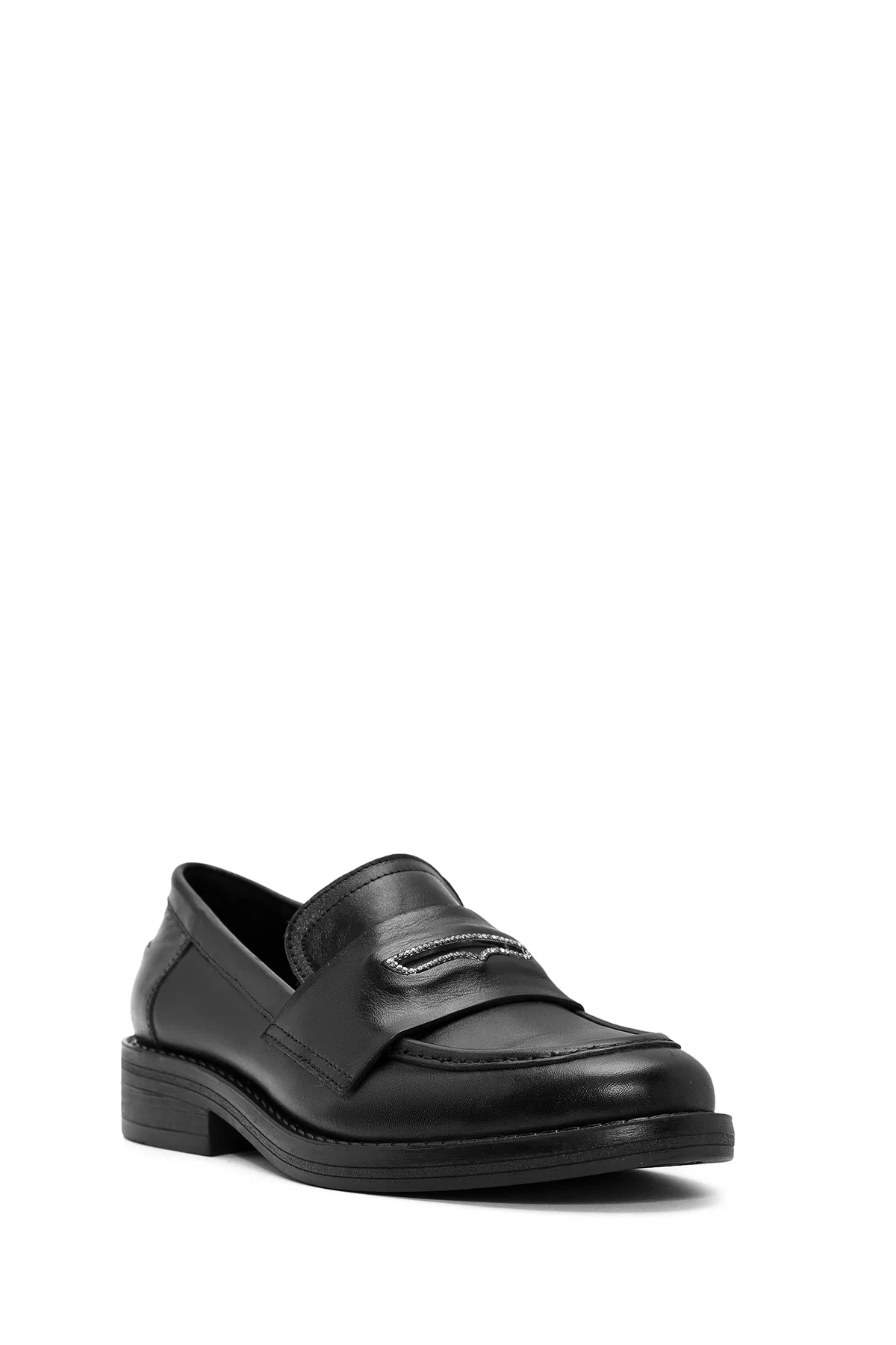 Kadın Siyah Taş Detaylı Deri Maskülen Loafer - Image 6
