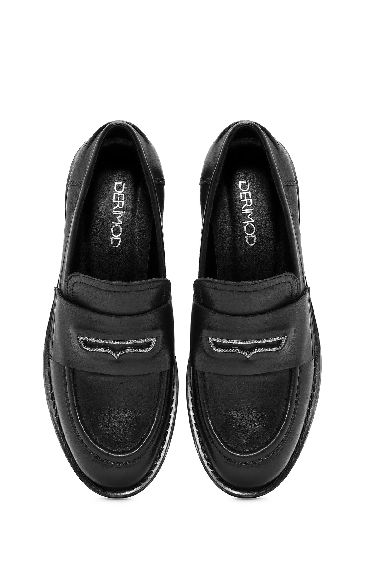 Kadın Siyah Taş Detaylı Deri Maskülen Loafer - Image 7