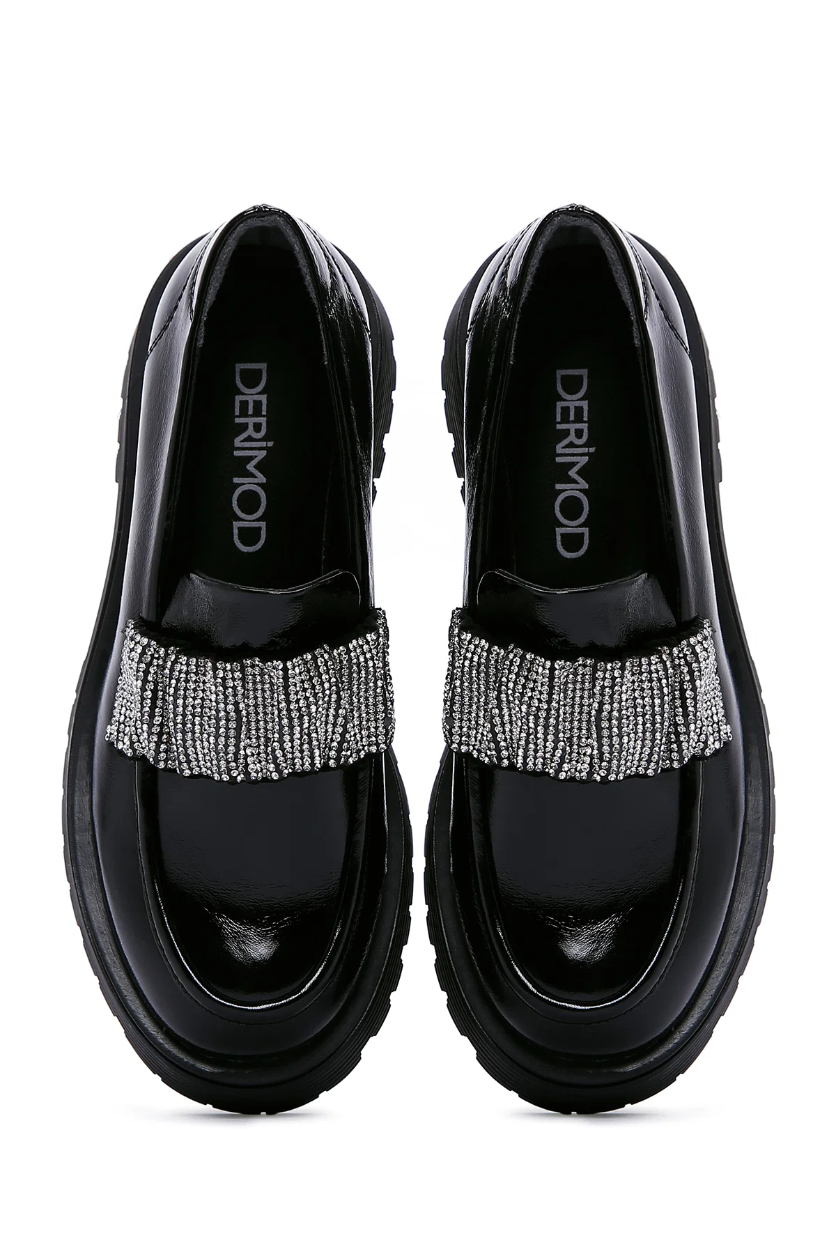 Kadın Siyah Taş Detaylı Deri Maskülen Loafer - Image 7