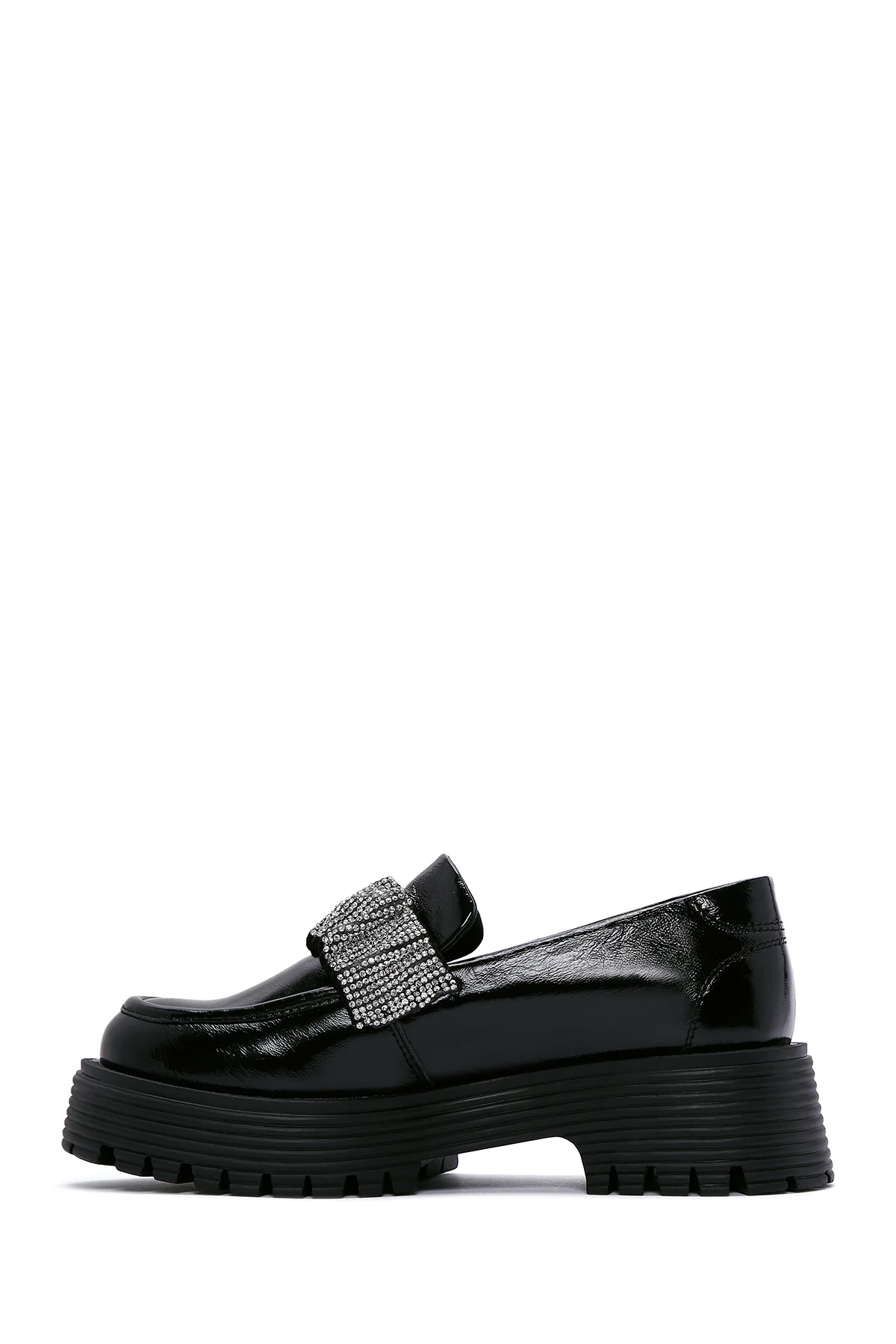 Kadın Siyah Taş Detaylı Yüksek Taban Deri Maskülen Loafer - Image 4