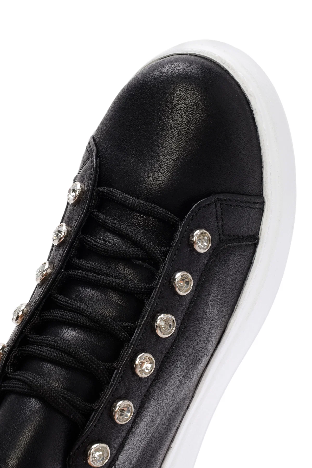 Kadın Siyah Taşlı Bağcıklı Kalın Tabanlı Deri Sneaker - Image 10