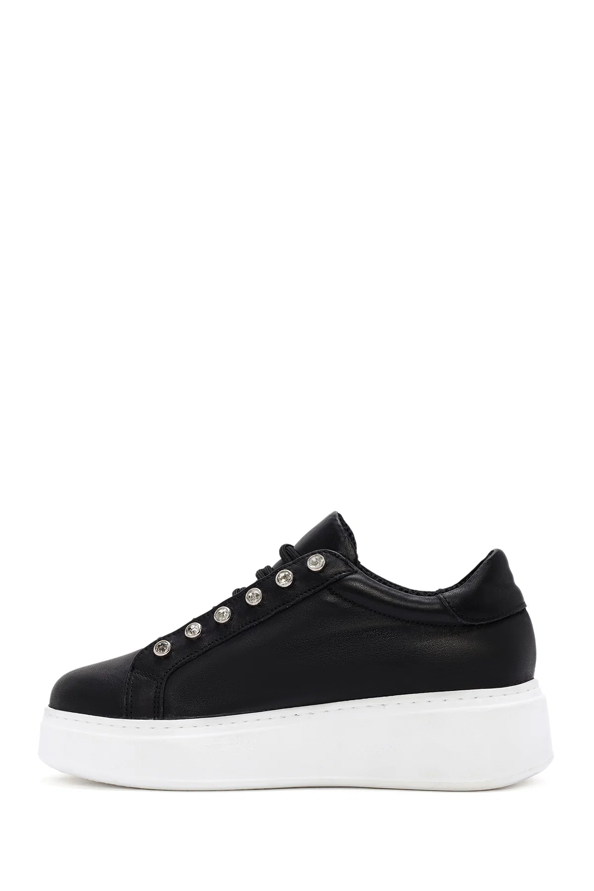 Kadın Siyah Taşlı Bağcıklı Kalın Tabanlı Deri Sneaker - Image 2