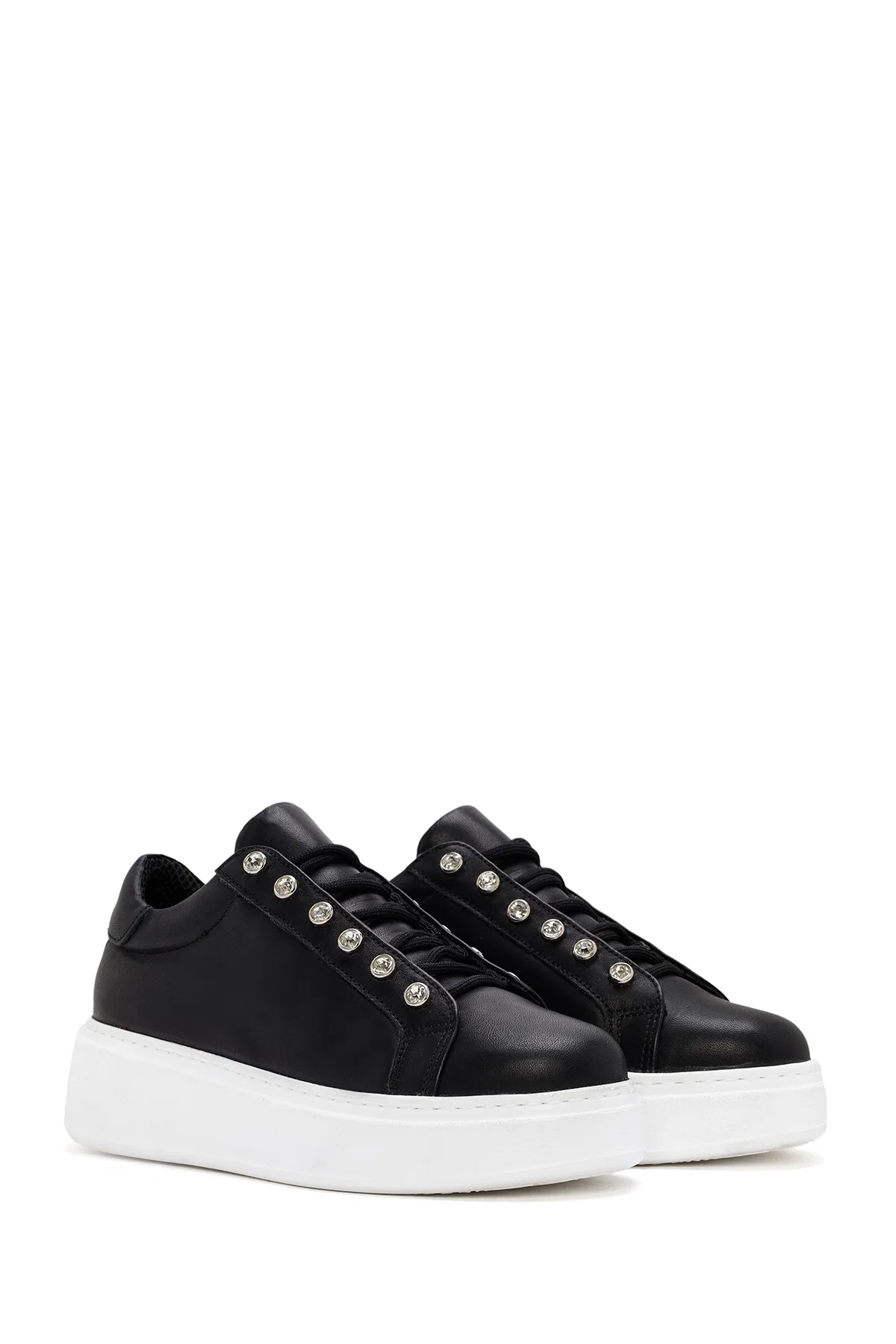 Kadın Siyah Taşlı Bağcıklı Kalın Tabanlı Deri Sneaker - Image 3