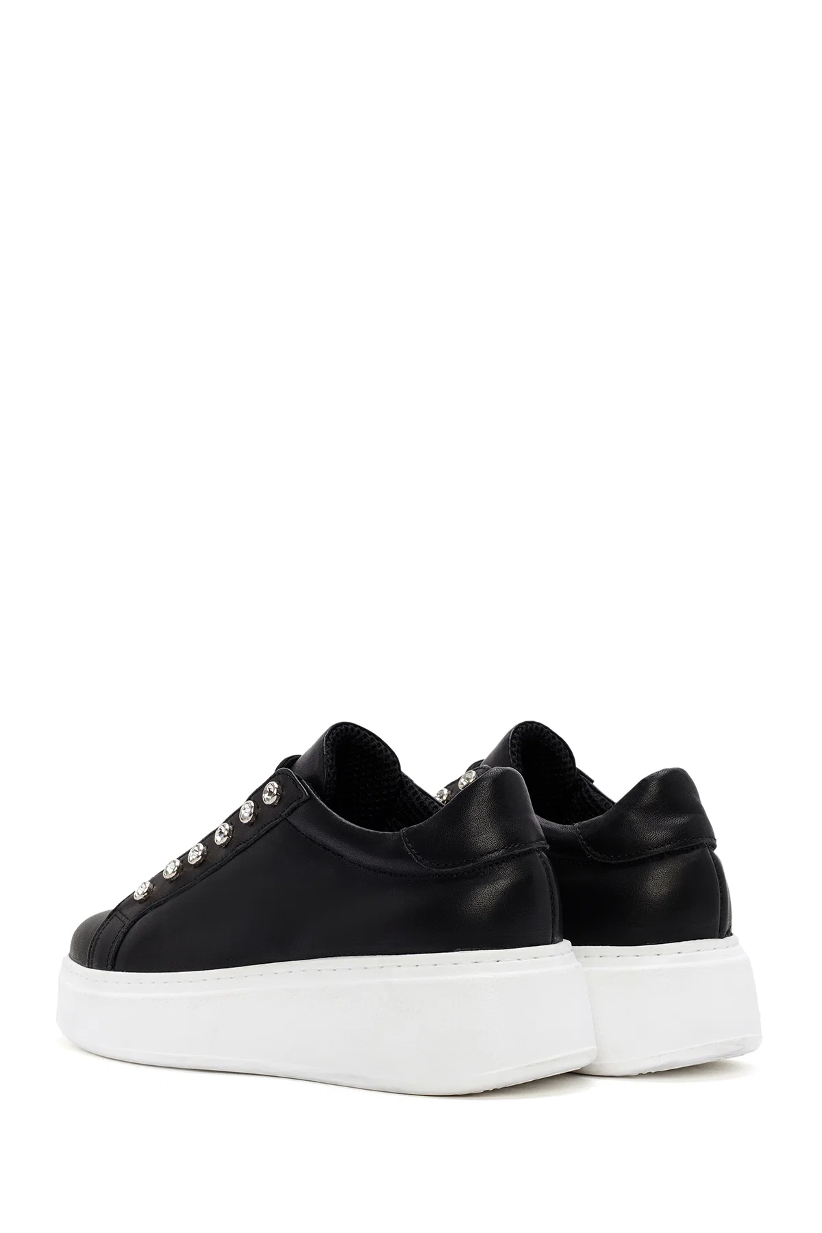 Kadın Siyah Taşlı Bağcıklı Kalın Tabanlı Deri Sneaker - Image 5