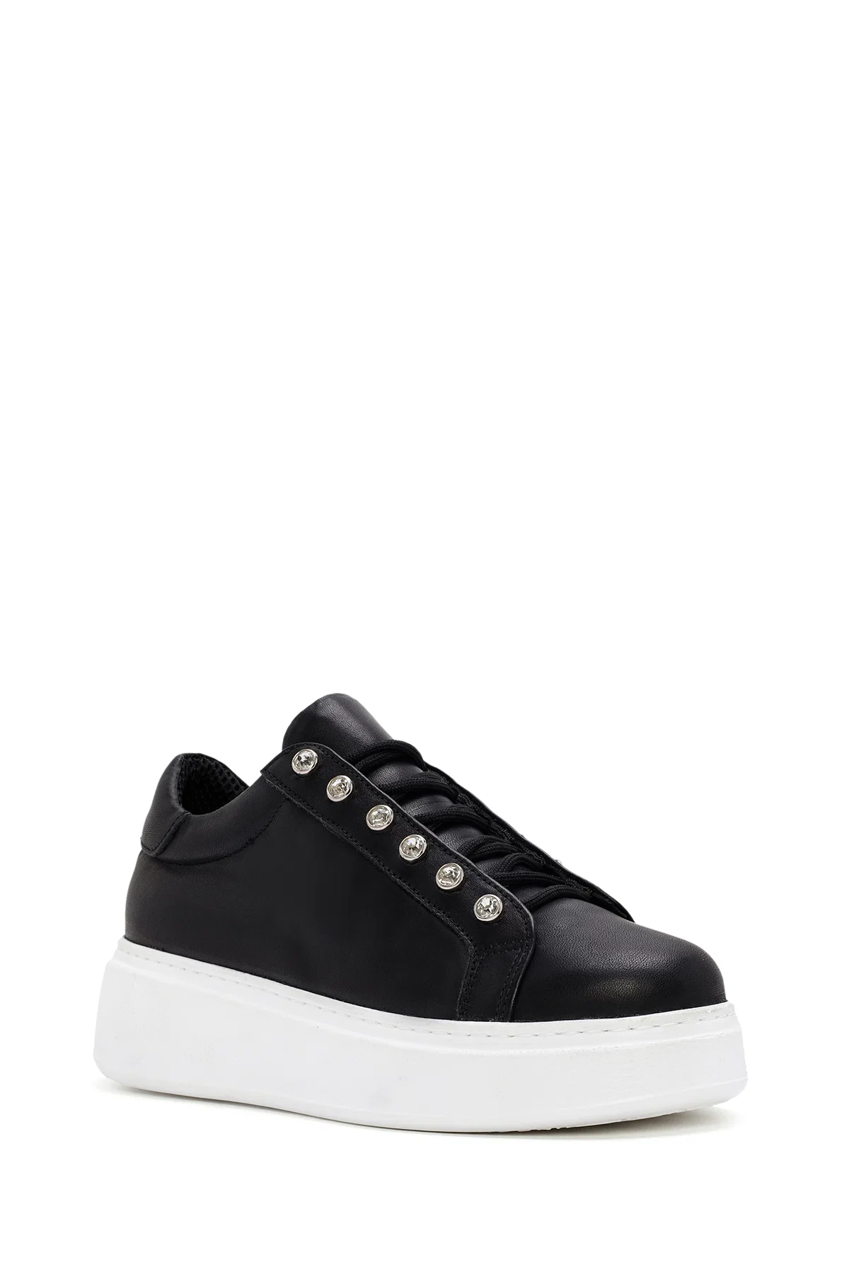 Kadın Siyah Taşlı Bağcıklı Kalın Tabanlı Deri Sneaker - Image 6