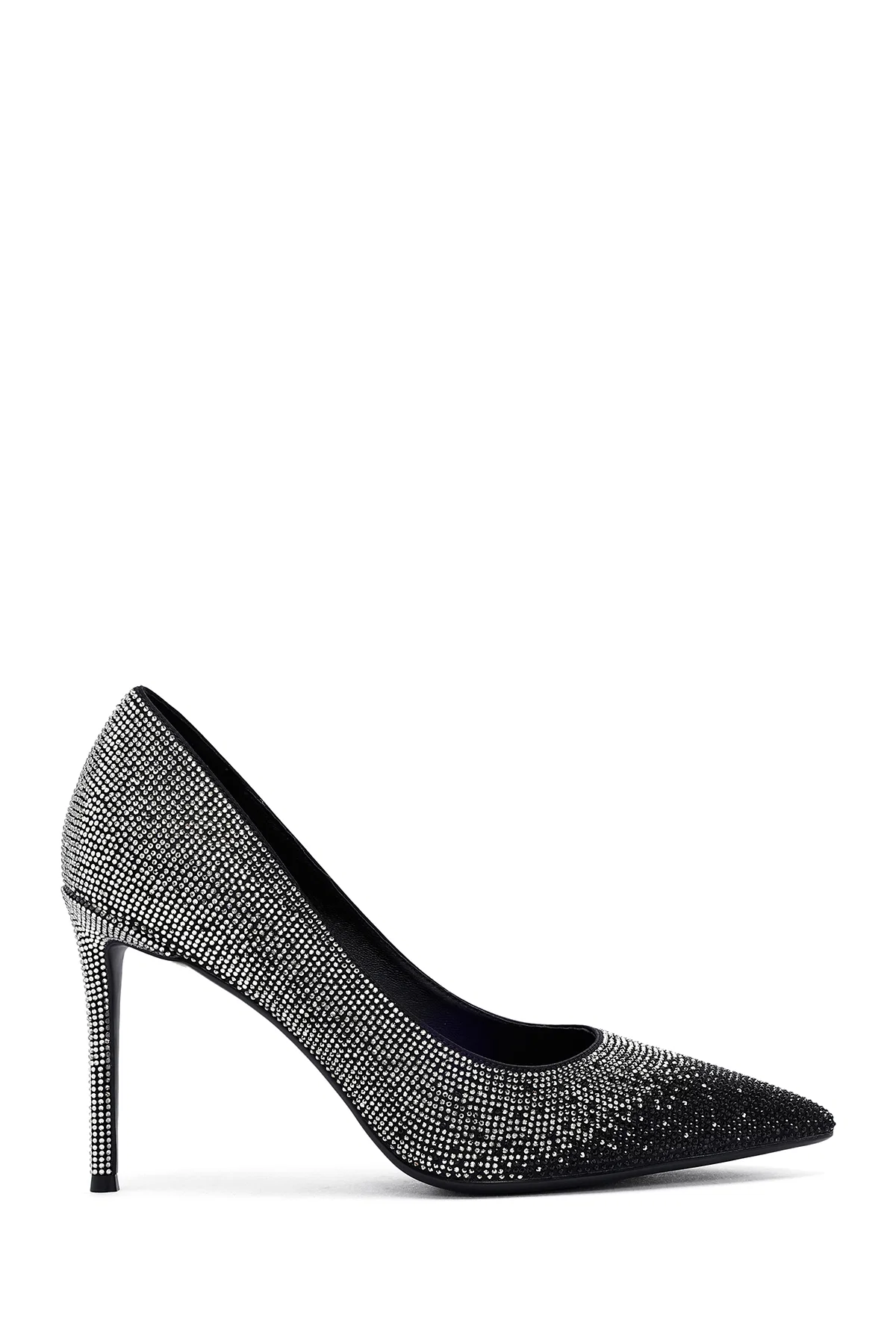 Kadın Siyah Taşlı İnce Topuklu Deri Stiletto - Image 4