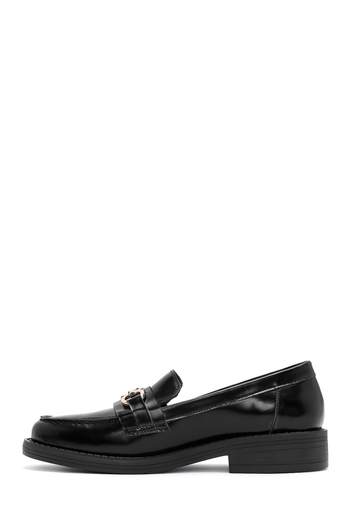 Kadın Siyah Toka Detaylı Deri Maskülen Loafer - Image 2