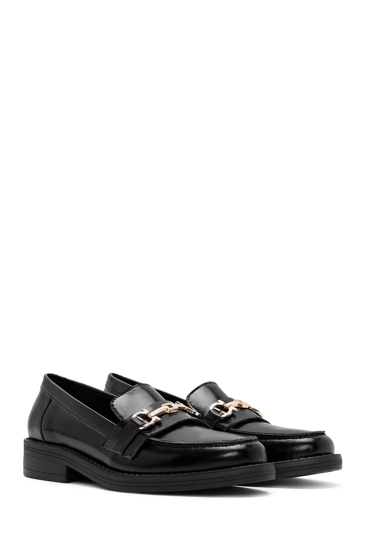 Kadın Siyah Toka Detaylı Deri Maskülen Loafer - Image 3