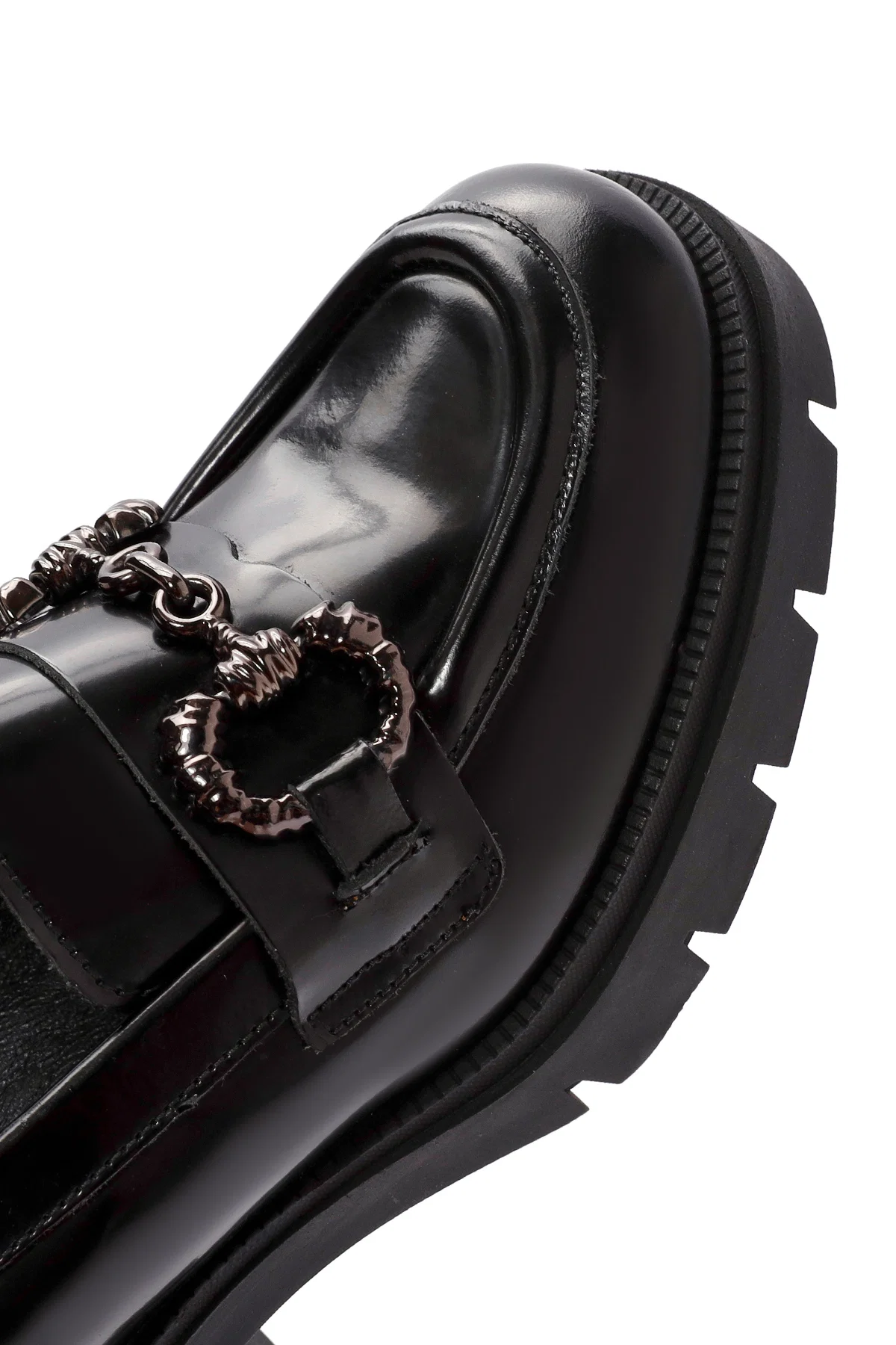 Kadın Siyah Toka Detaylı Kalın Topuklu Deri Maskülen Loafer - Image 10
