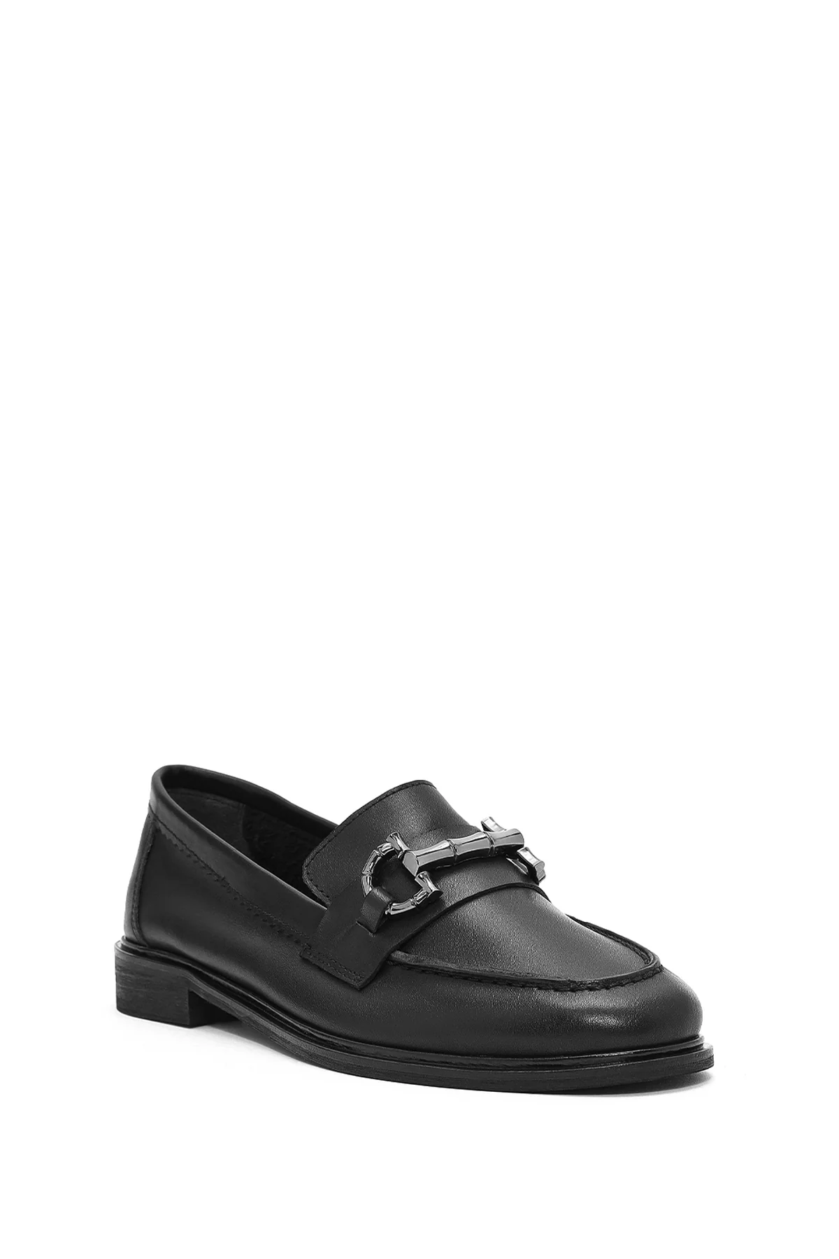 Kadın Siyah Tokalı Deri Maskülen Loafer - Image 7