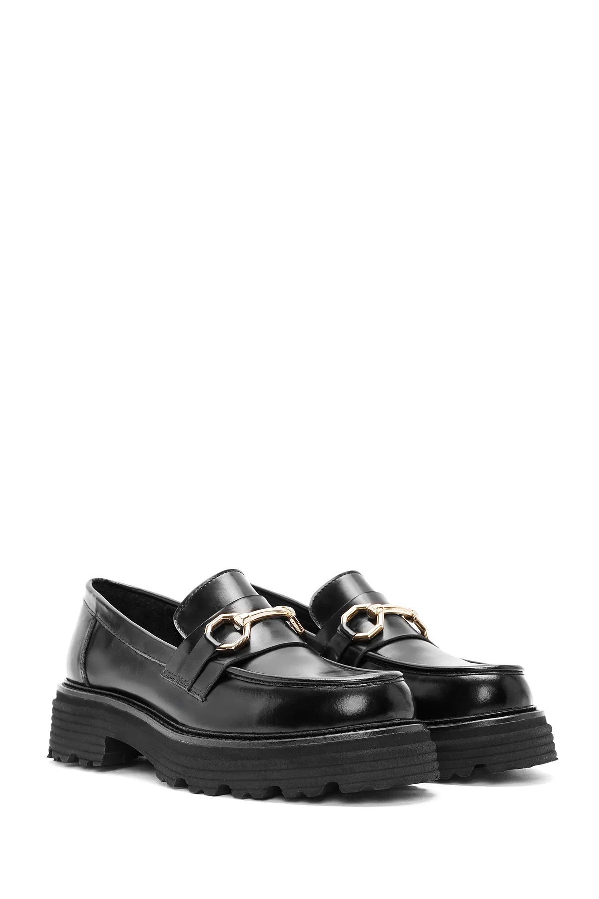 Kadın Siyah Tokalı Deri Maskülen Loafer - Image 3