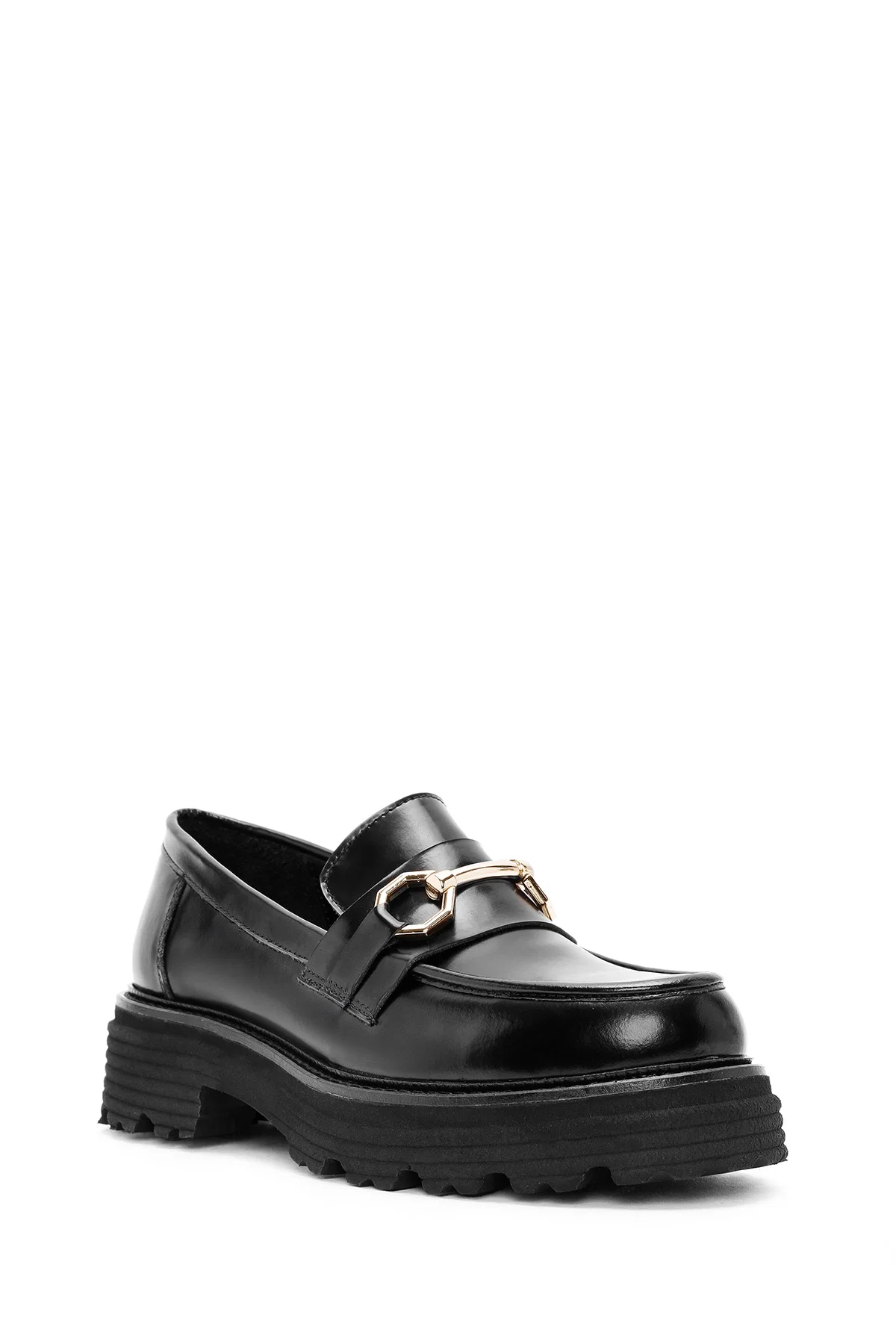 Kadın Siyah Tokalı Deri Maskülen Loafer - Image 6