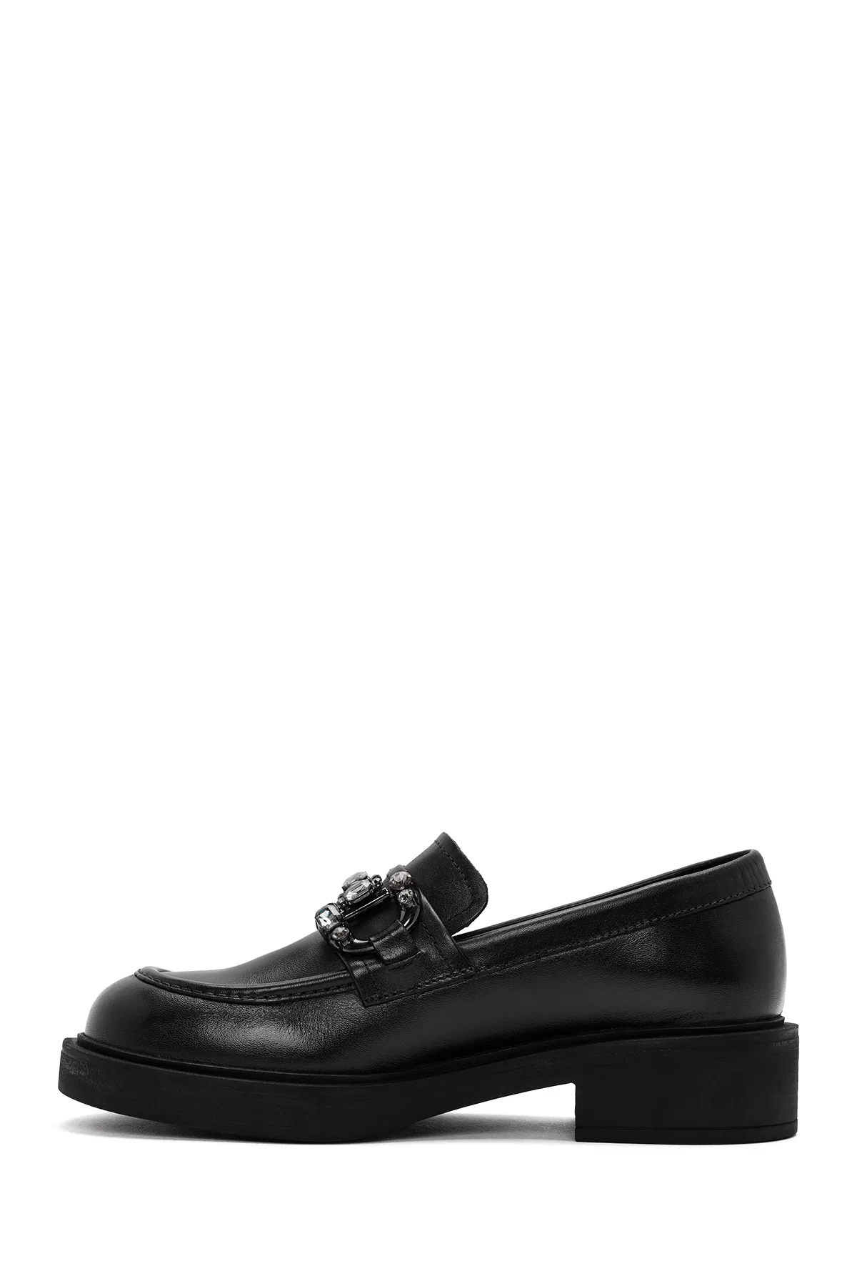 Kadın Siyah Tokalı Deri Maskülen Loafer - Image 2