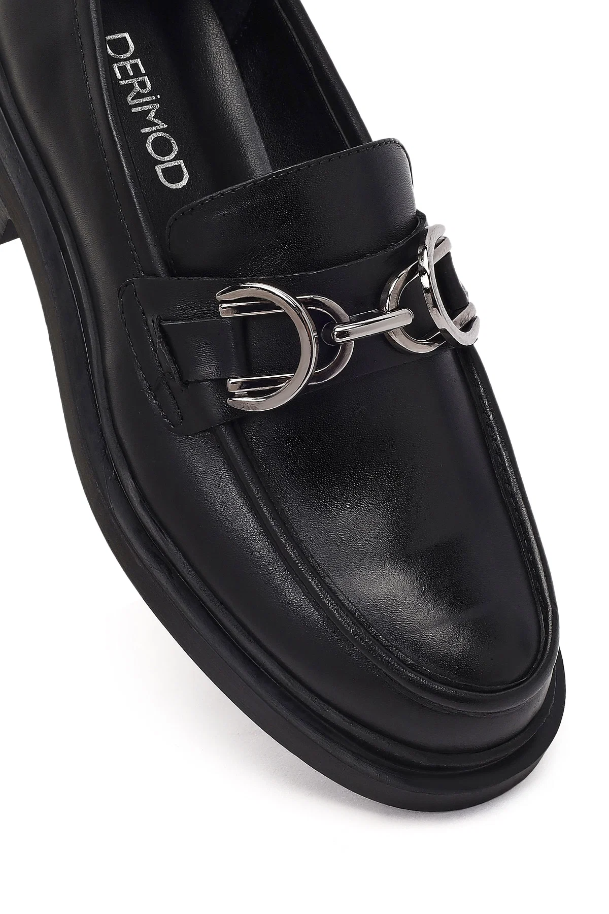 Kadın Siyah Tokalı Deri Maskülen Loafer - Image 11