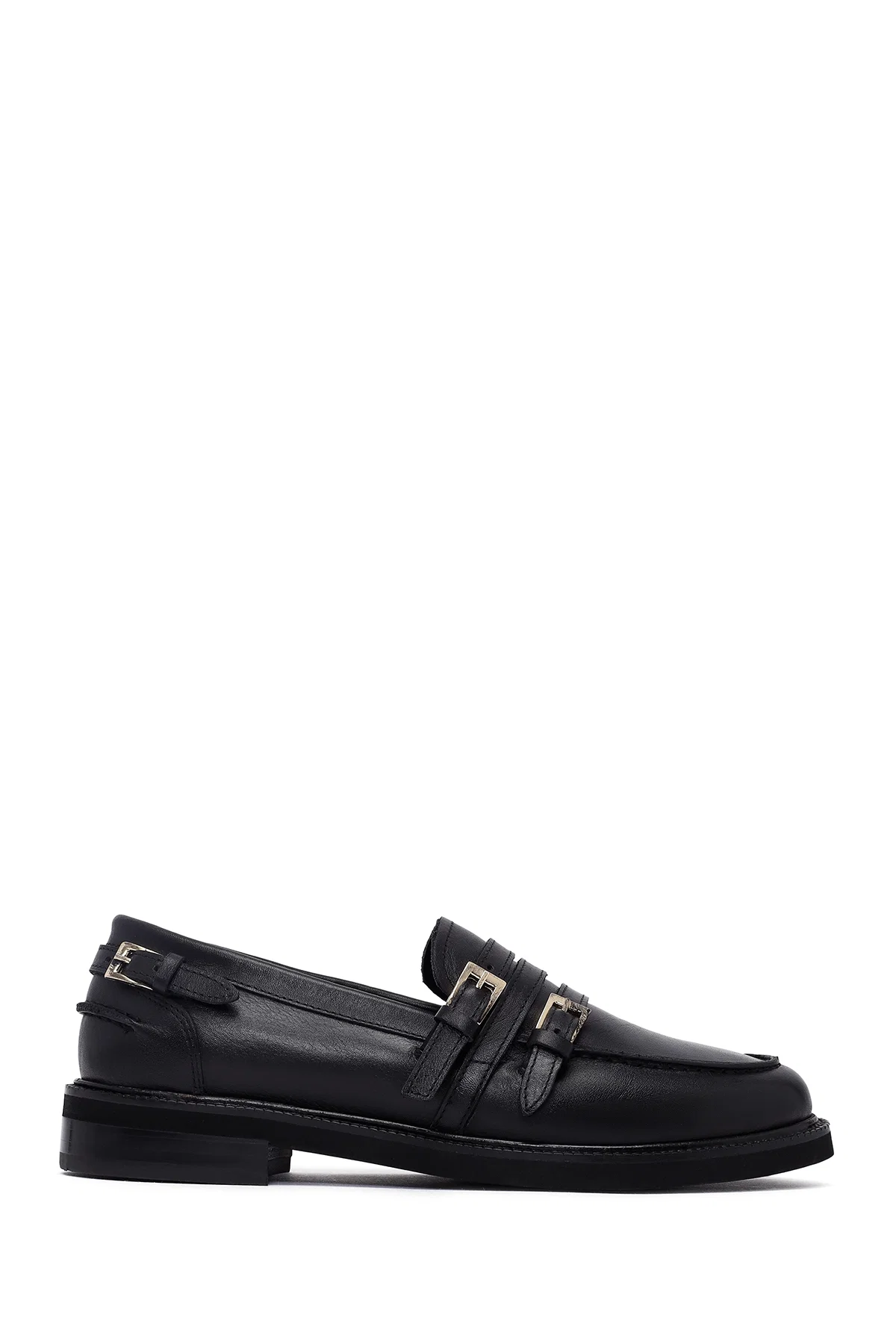 Kadın Siyah Tokalı Deri Maskülen Loafer - Image 2