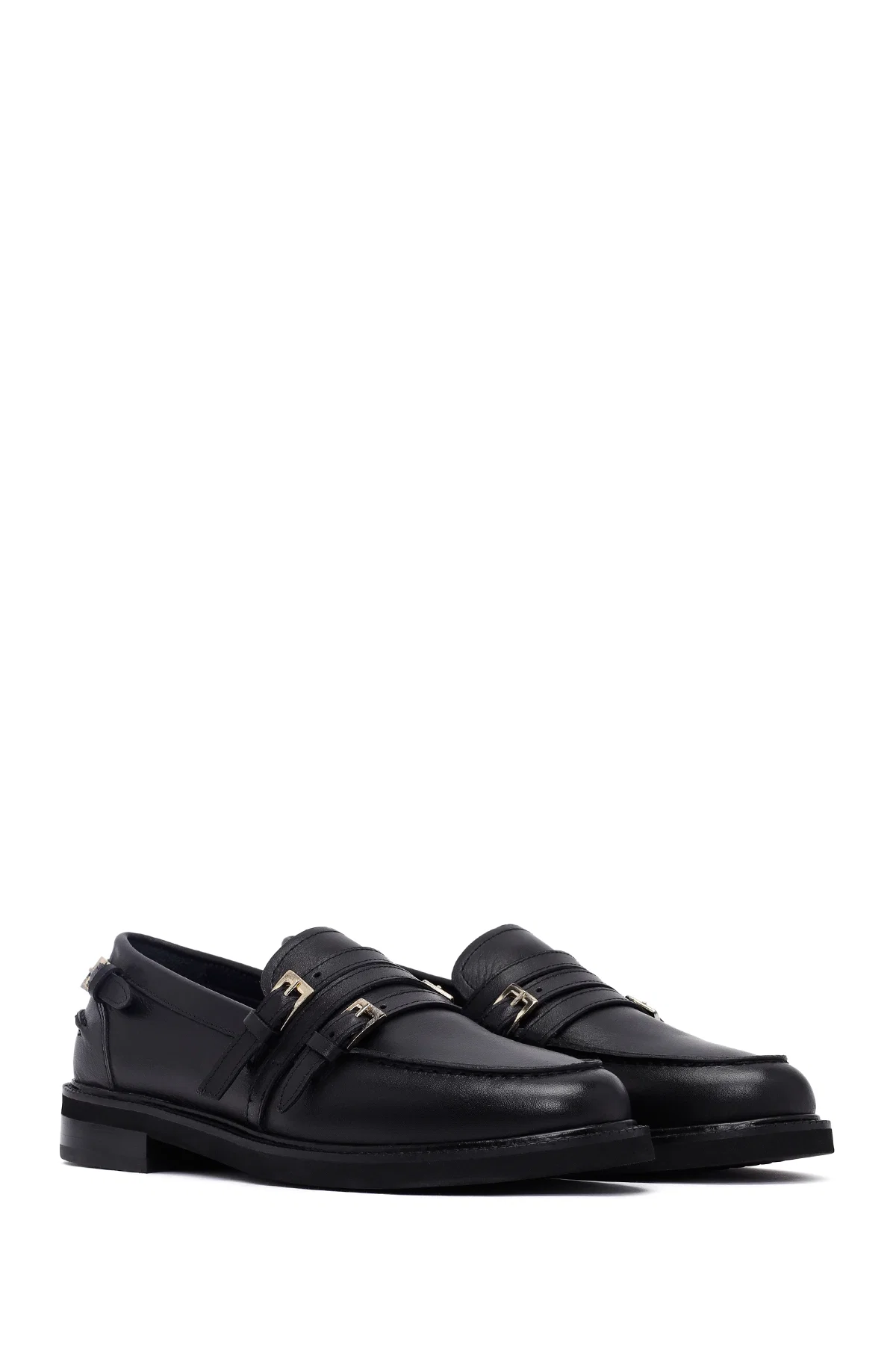 Kadın Siyah Tokalı Deri Maskülen Loafer - Image 3