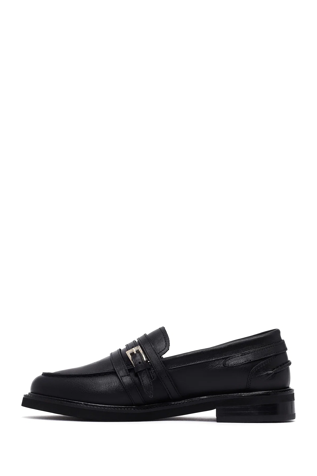 Kadın Siyah Tokalı Deri Maskülen Loafer - Image 5