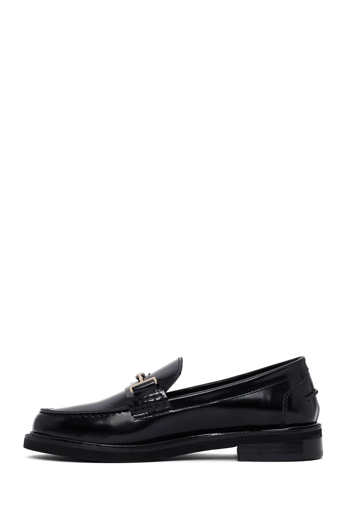 Kadın Siyah Tokalı Deri Maskülen Loafer - Image 2
