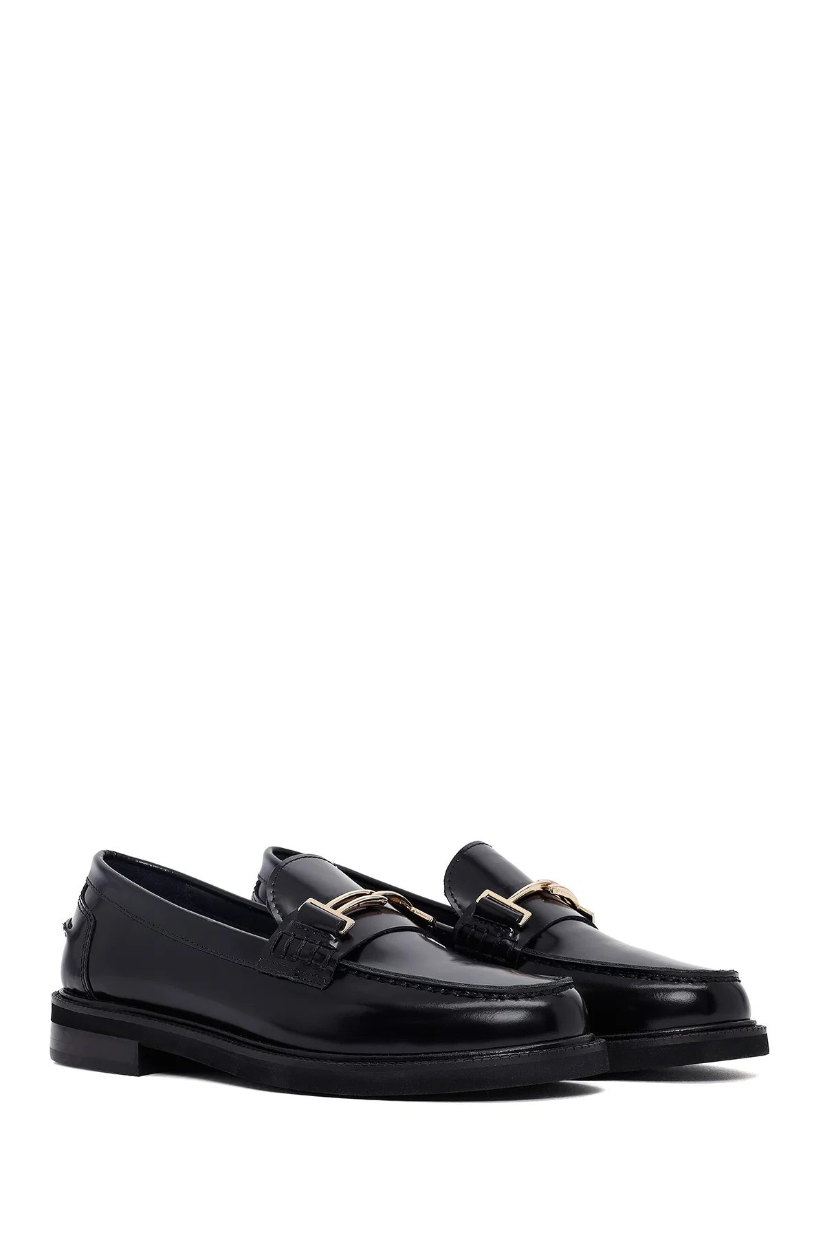 Kadın Siyah Tokalı Deri Maskülen Loafer - Image 3