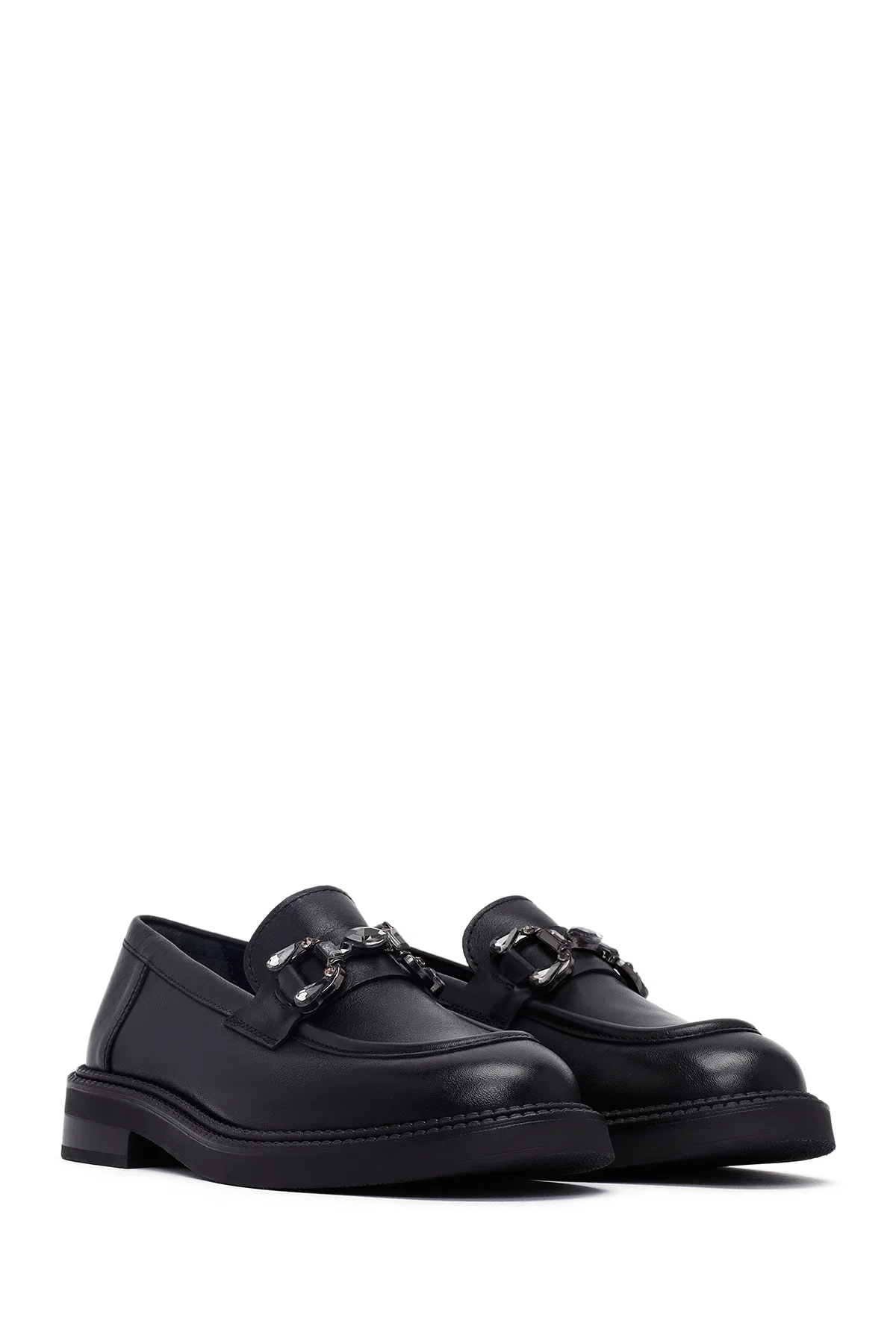 Kadın Siyah Tokalı Deri Maskülen Loafer - Image 3