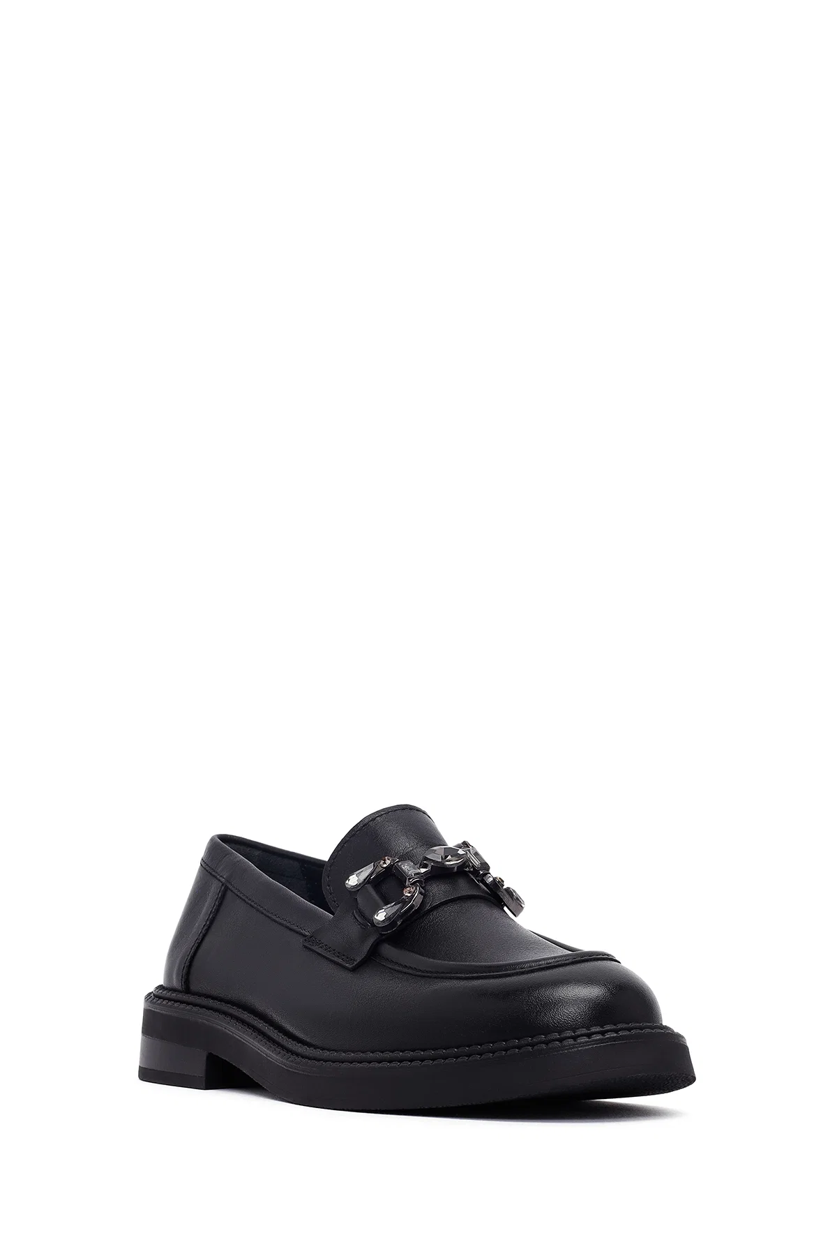 Kadın Siyah Tokalı Deri Maskülen Loafer - Image 6