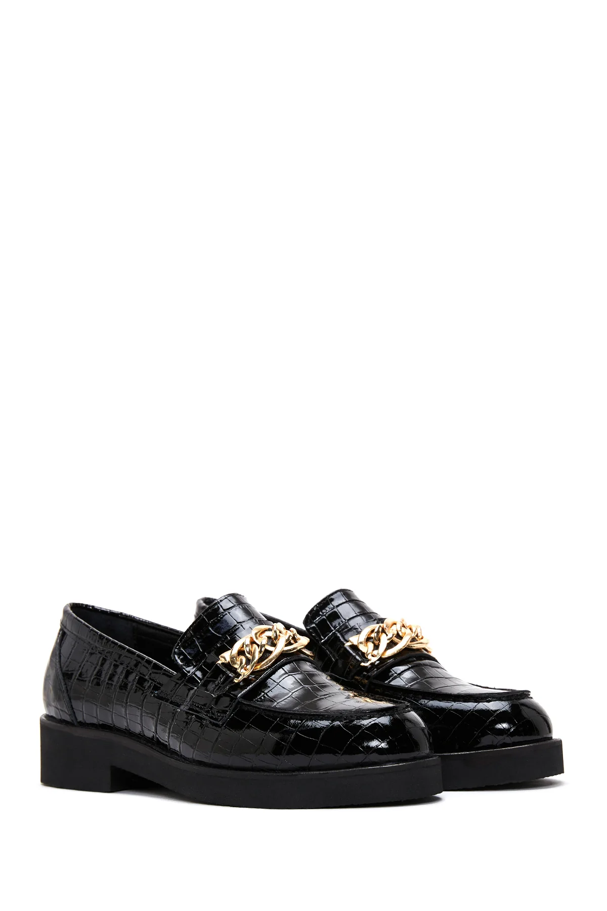 Kadın Siyah Tokalı Kroko Desenli Deri Maskülen Loafer - Image 3