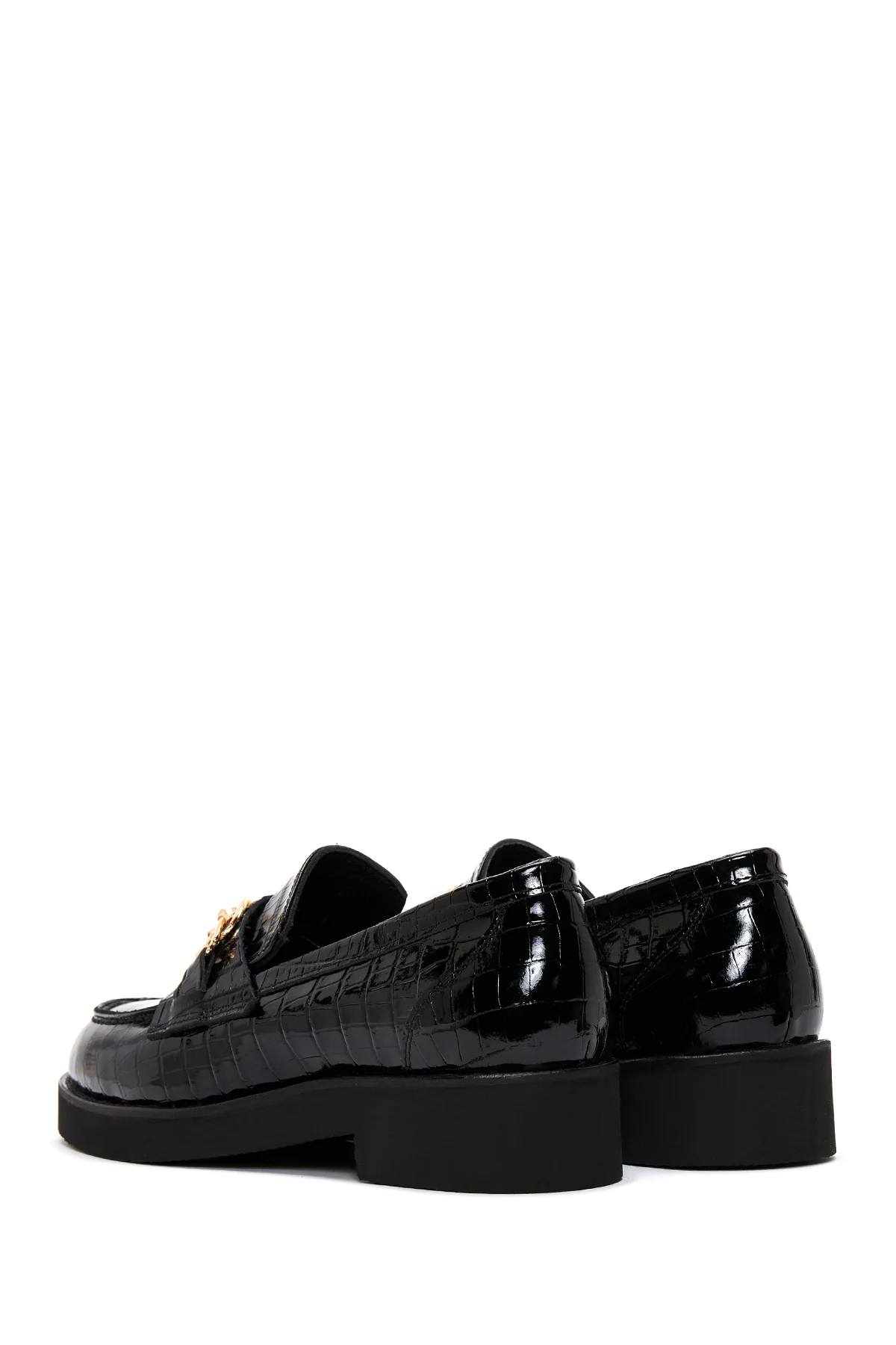 Kadın Siyah Tokalı Kroko Desenli Deri Maskülen Loafer - Image 5