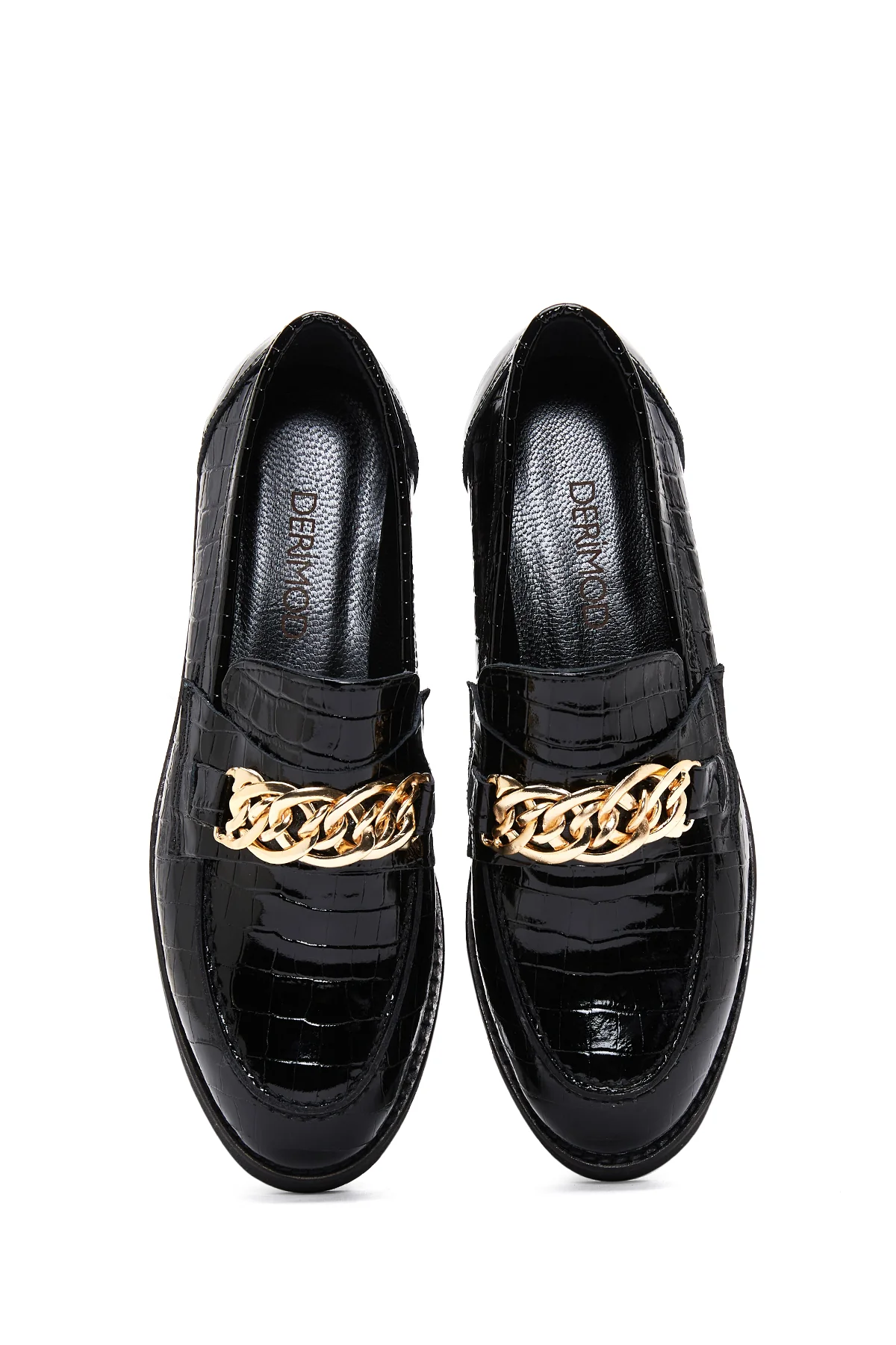 Kadın Siyah Tokalı Kroko Desenli Deri Maskülen Loafer - Image 6