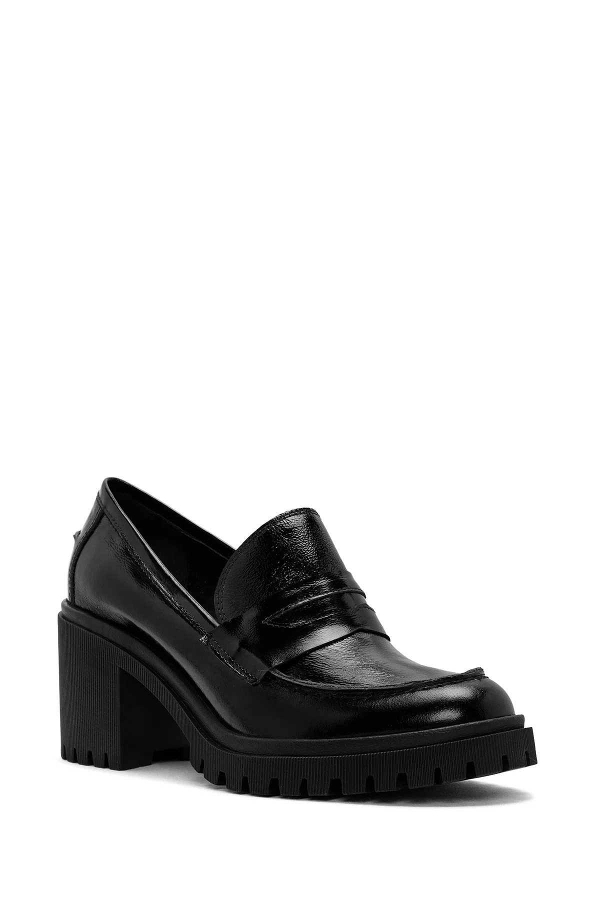 Kadın Siyah Yüksek Kalın Topuklu Rugan Deri Maskülen Loafer - Image 7
