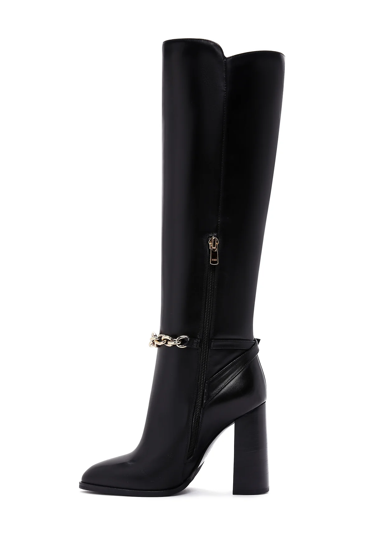 Kadın Siyah Yüksek Topuklu Fermuarlı Zincir Detaylı Deri Çizme - Image 3
