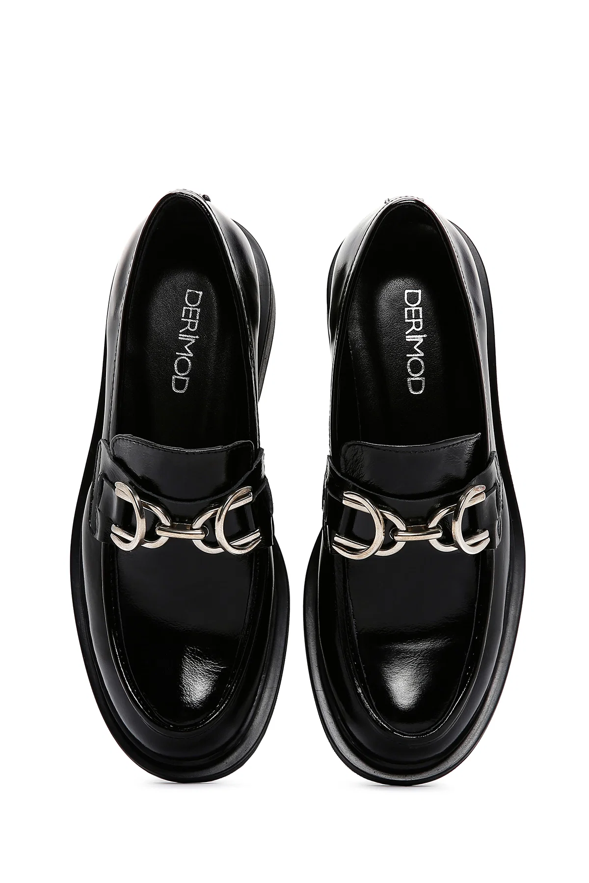 Kadın Siyah Zincir Detaylı Deri Maskülen Loafer - Image 6
