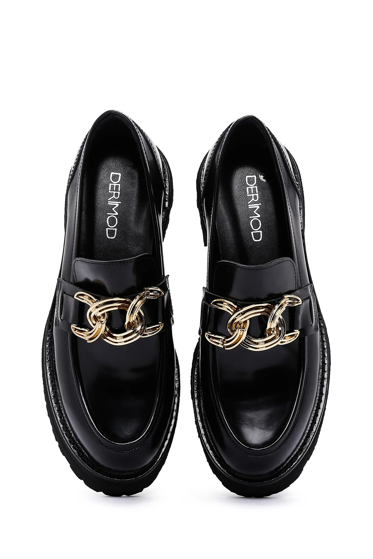 Kadın Siyah Zincir Detaylı Deri Maskülen Loafer - Image 6