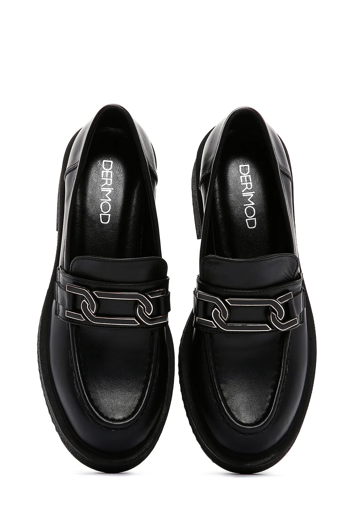 Kadın Siyah Zincir Detaylı Deri Maskülen Loafer - Image 6