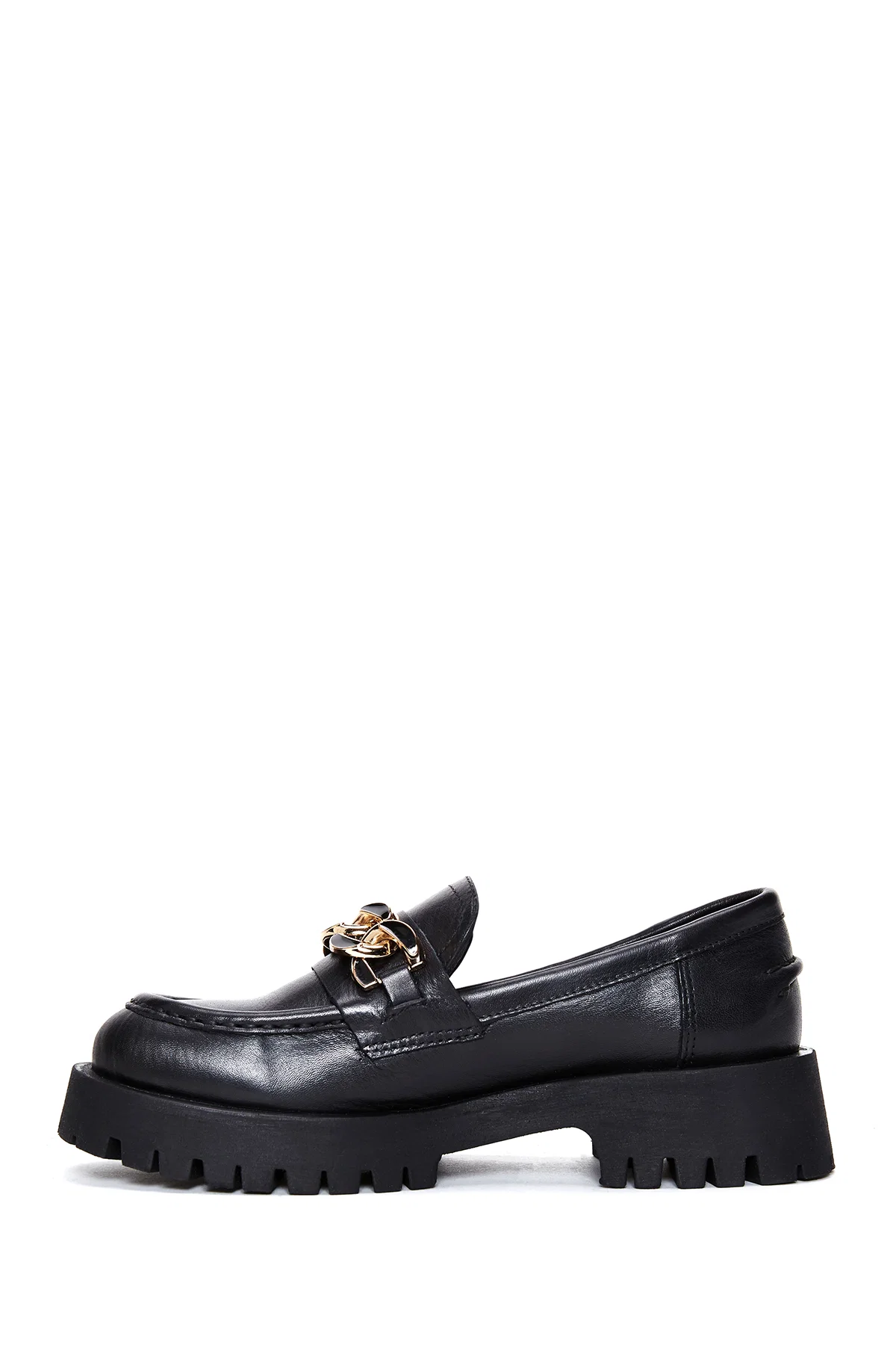 Kadın Siyah Zincir Detaylı Kalın Tabanlı Deri Casual Loafer - Image 2