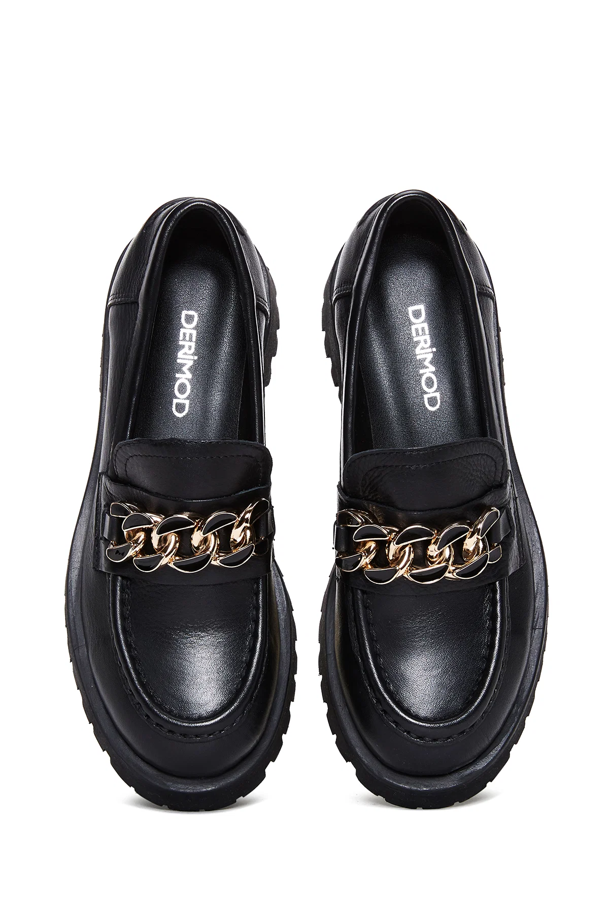 Kadın Siyah Zincir Detaylı Kalın Tabanlı Deri Casual Loafer - Image 7