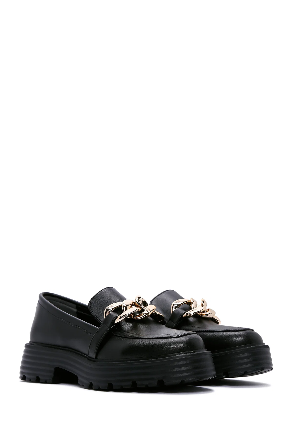 Kadın Siyah Zincir Detaylı Maskülen Loafer - Image 3
