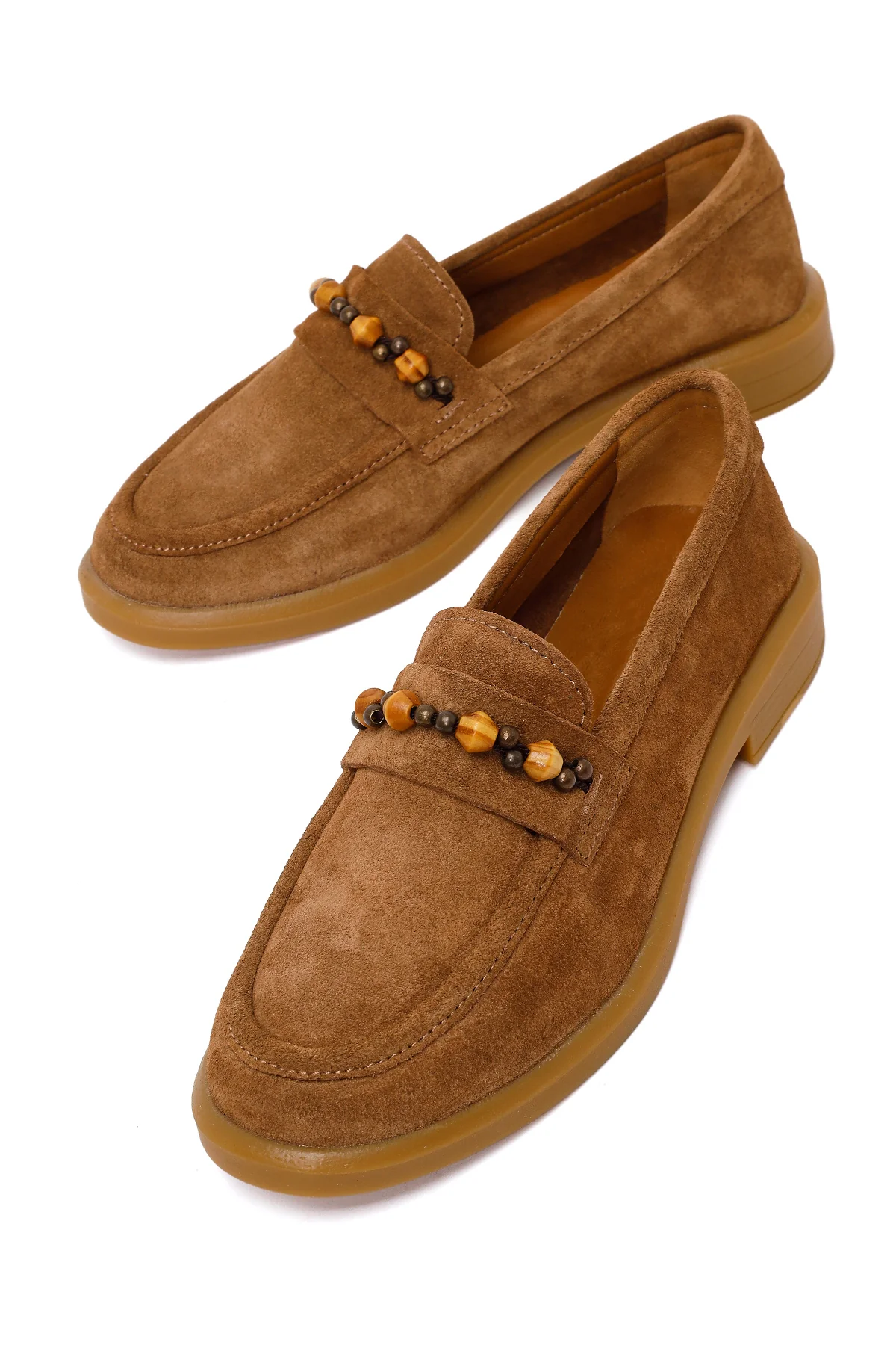 Kadın Taba Boncuklu Süet Deri Loafer - Image 10