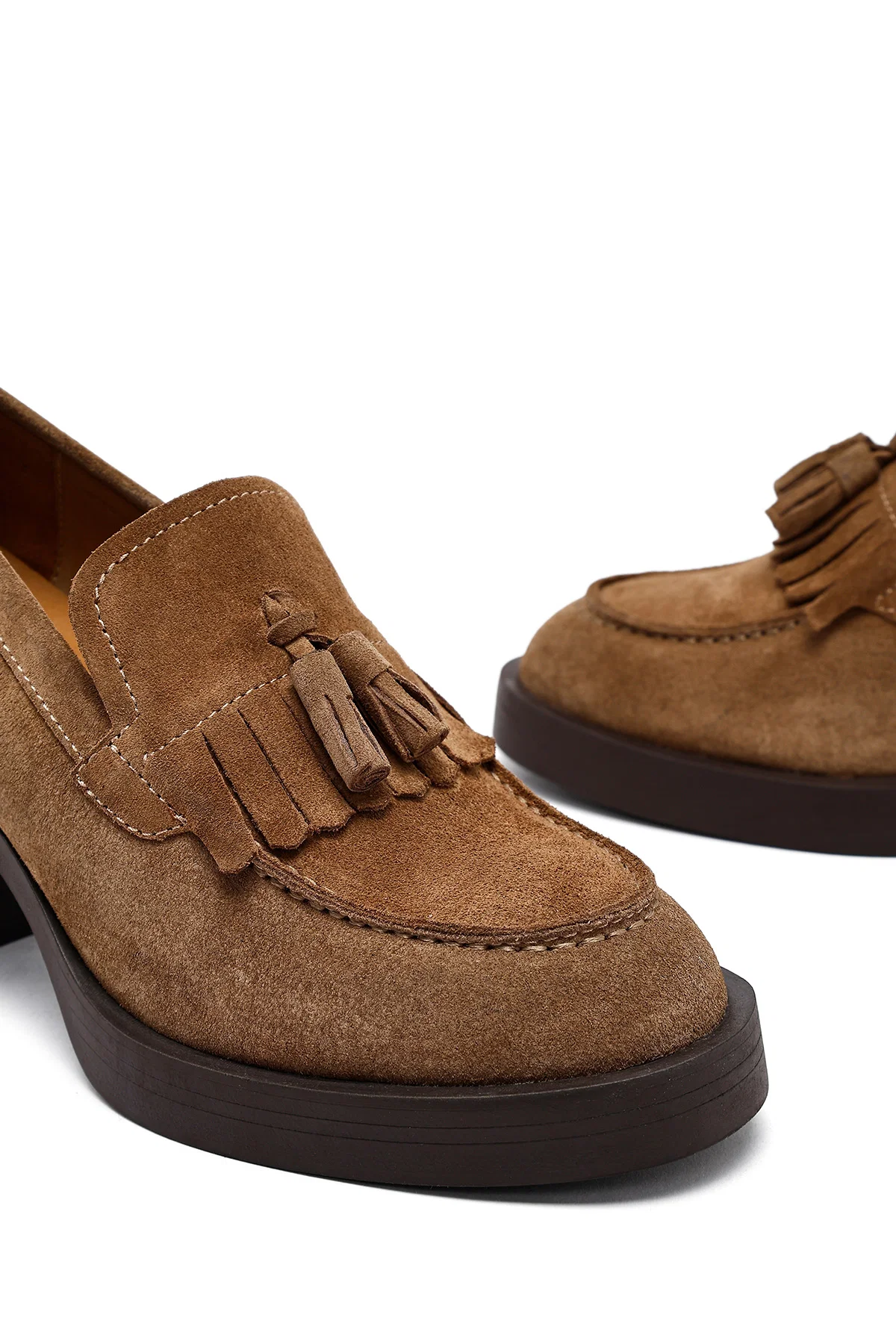 Kadın Taba Kalın Topuklu Süet Deri Maskülen Loafer - Image 9
