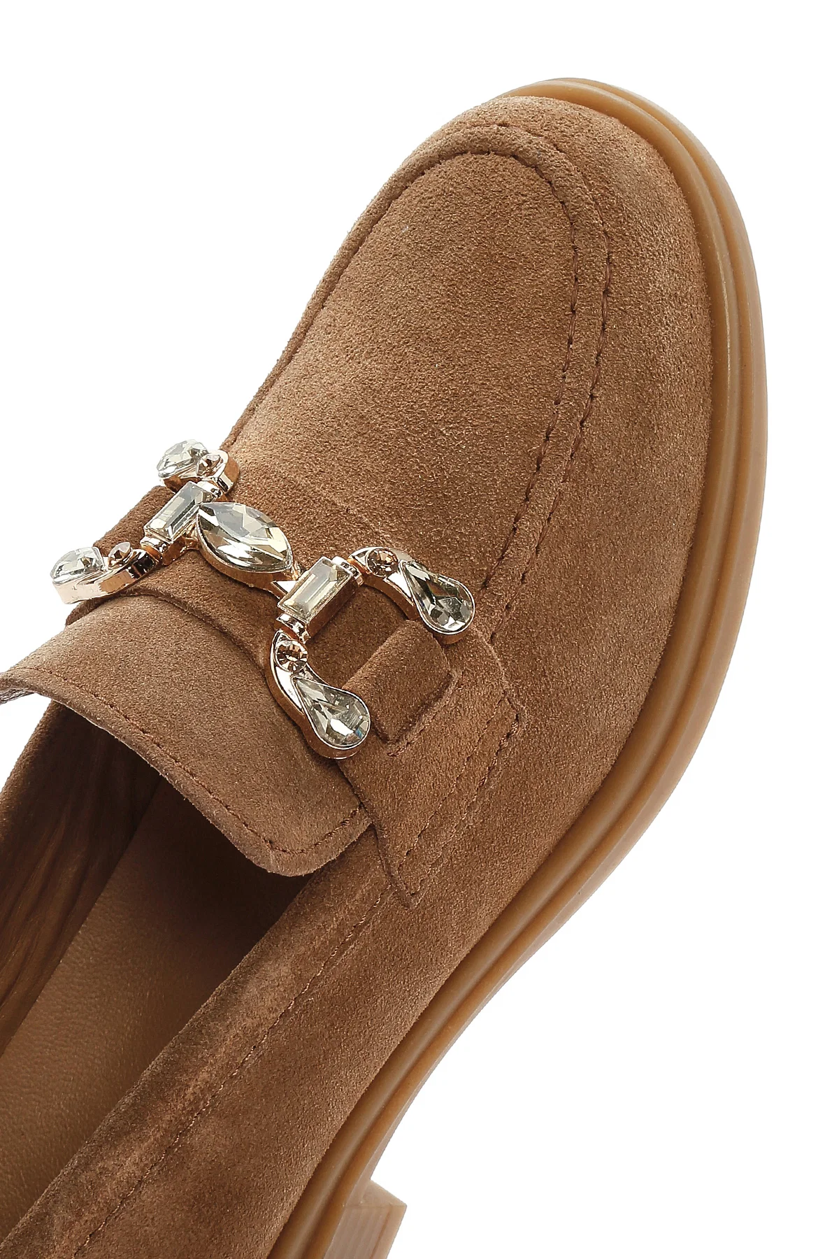 Kadın Taba Taşlı Süet Deri Maskülen Loafer - Image 10