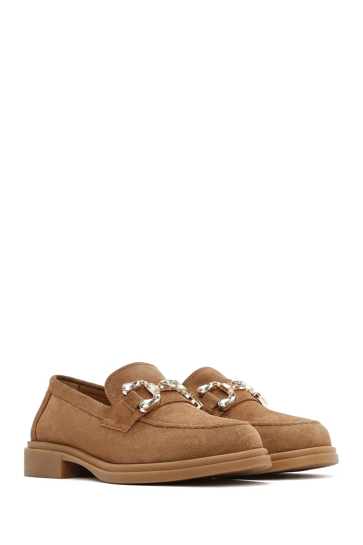 Kadın Taba Taşlı Süet Deri Maskülen Loafer - Image 3